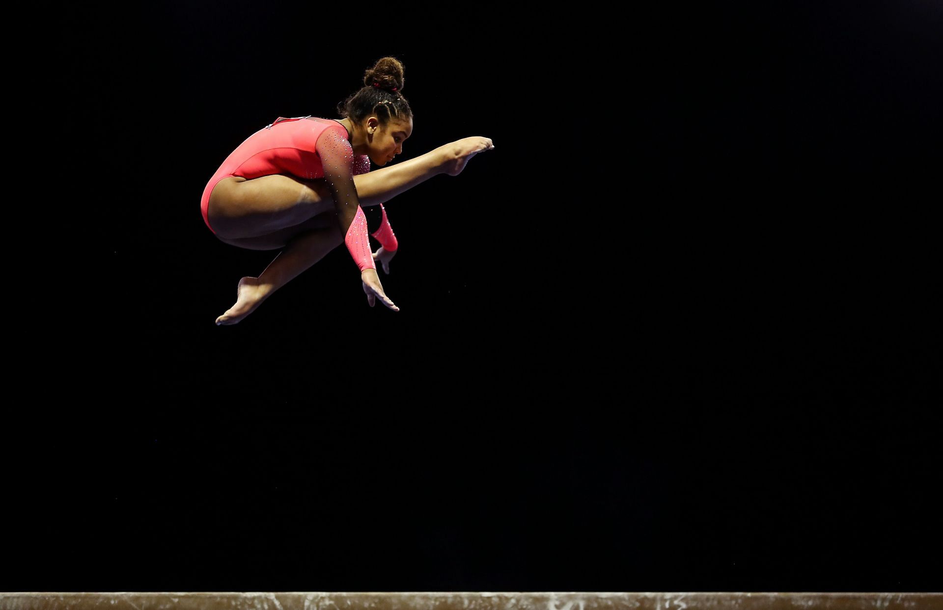 Konnor McClain competing on the balance beam at the 2021 U.S. Senior Women&#039;s Winter Cup