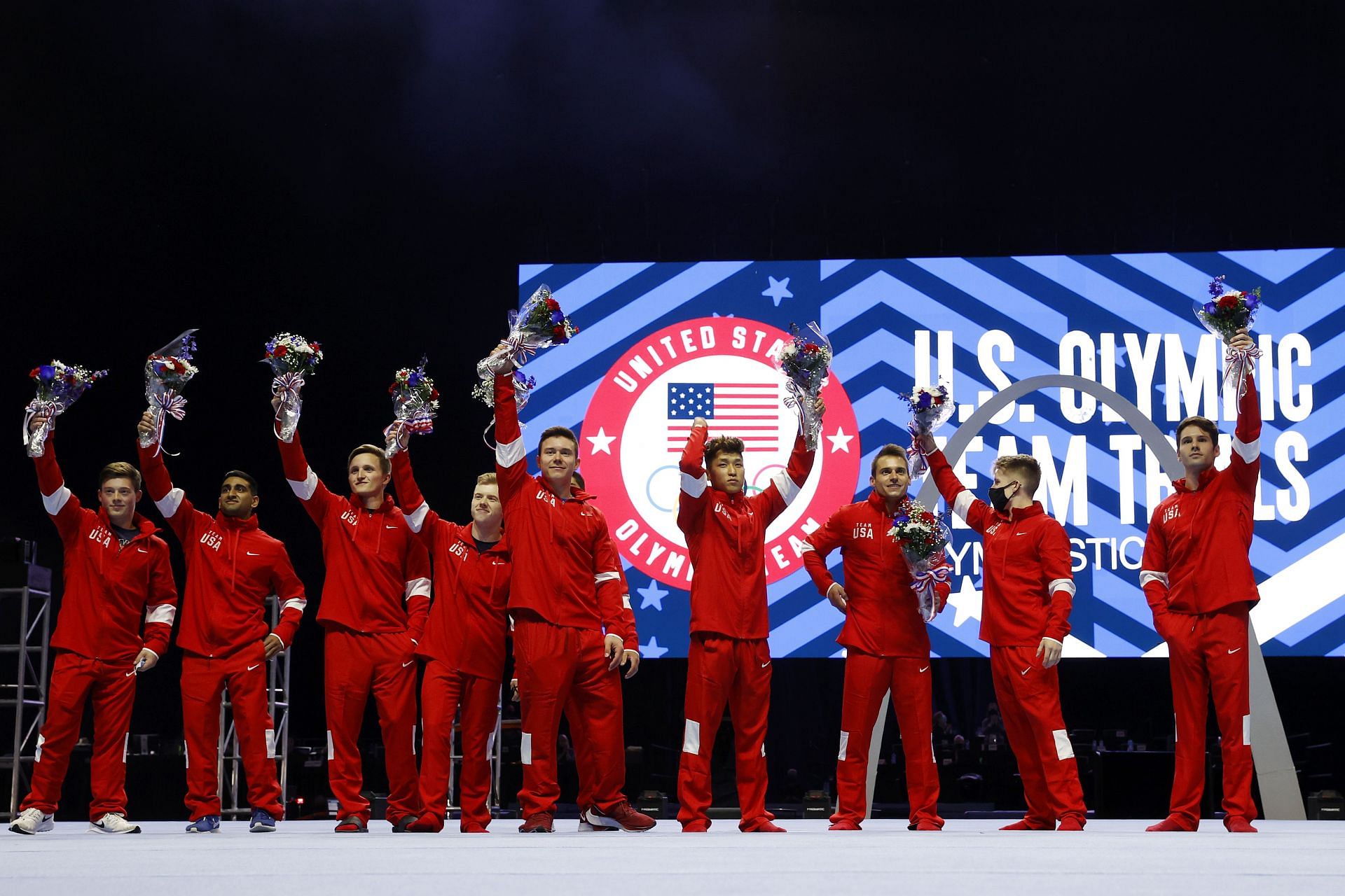 Alex Diab, Akash Modi, Allen Bower, Cameron Bock, Brandon Briones, Brody Malone, Yul Moldauer, Sam Mikulak, Shane Wiskus, and Alec Yoder pose after being selected to the 2021 U.S. Olympic Gymnastic team after the Men's competition of the 2021 U.S. Gymnastic Olympic Trials at America’s Center on June 26, 2021 in St Louis, Missouri. (Photo by Jamie Squire/Getty Images)