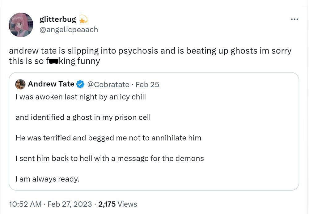 A user reaction to Tate&#039;s tweet (image via Twitter/ @angelicpeaach)