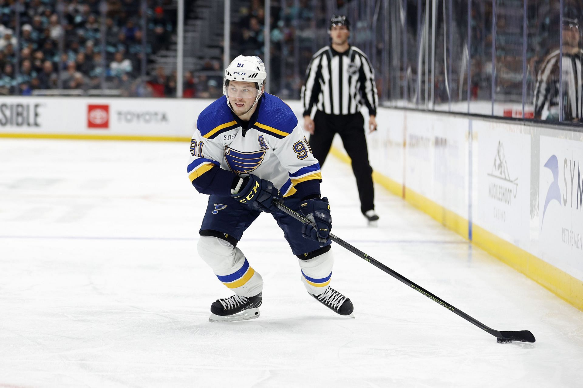 Vladimir Tarasenko of the St. Louis Blues skates onto the ice for