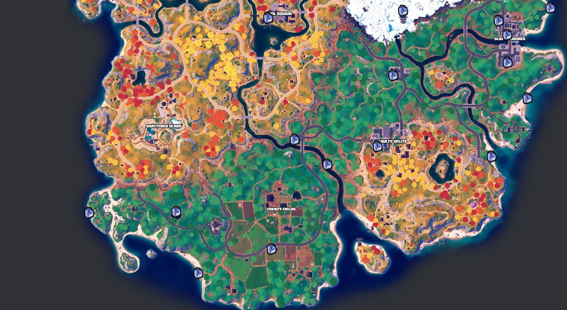 All Ice Machine locations in the Grassland/Medieval Biomes of Chapter 4 Season 1 (Image via Fortnite.GG)
