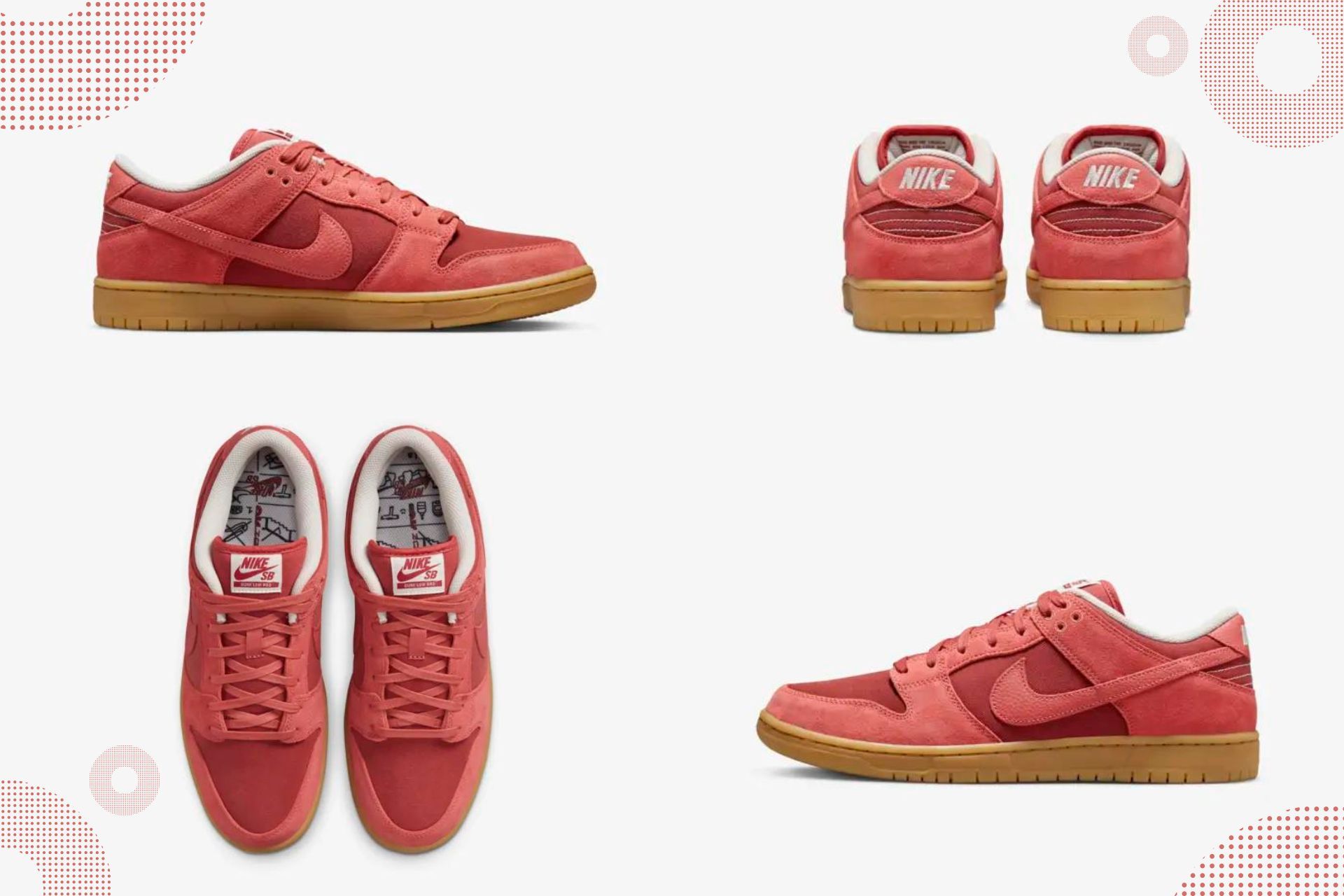 The upcoming Nike SB Dunk &quot;Adobe&quot; sneakers come clad in Abode Red, Phantom, and Gum color schemes (Image via Sportskeeda)