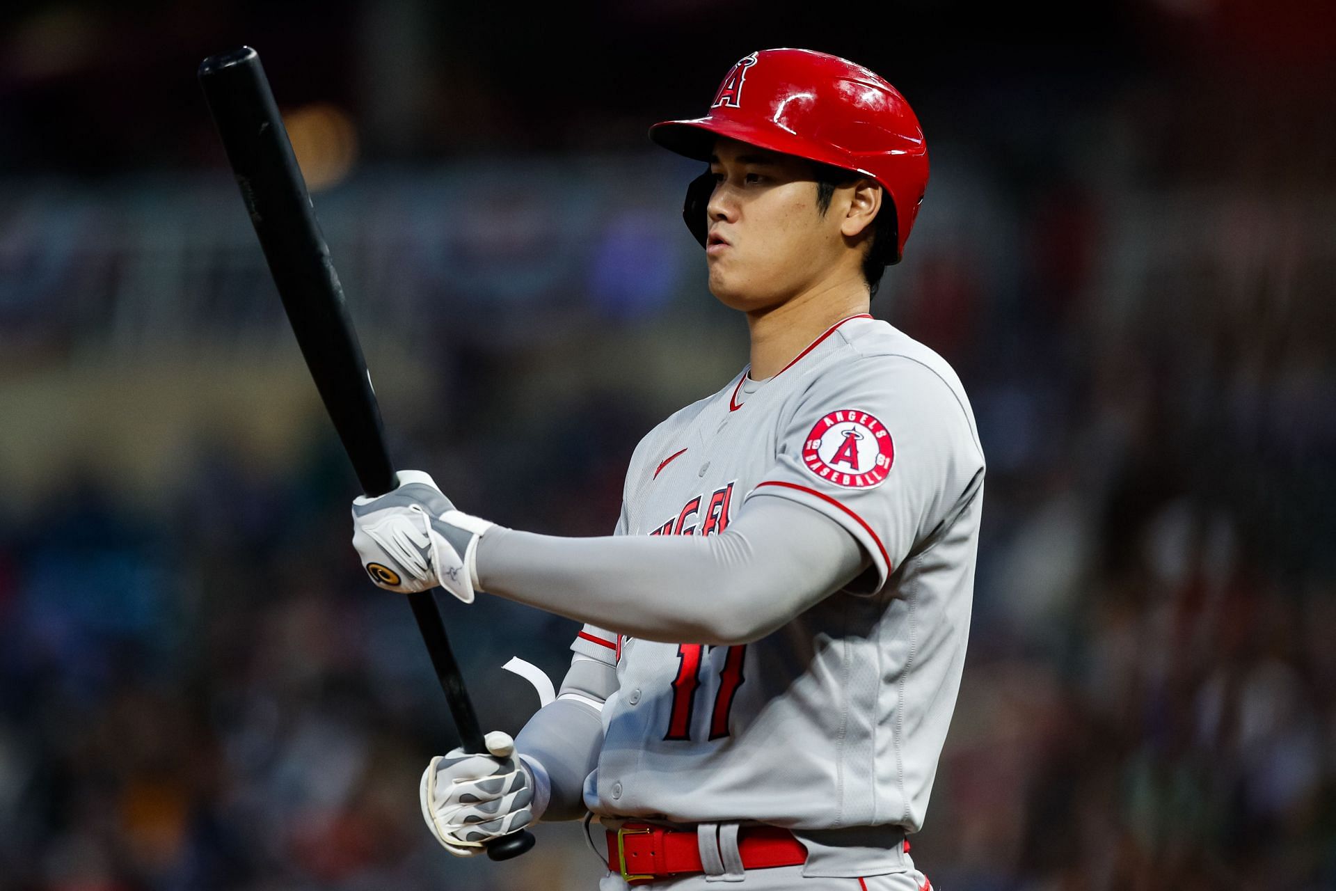 Shohei Ohtani #17 of the Los Angeles Angels prepares for his at-bat against the Minnesota Twins