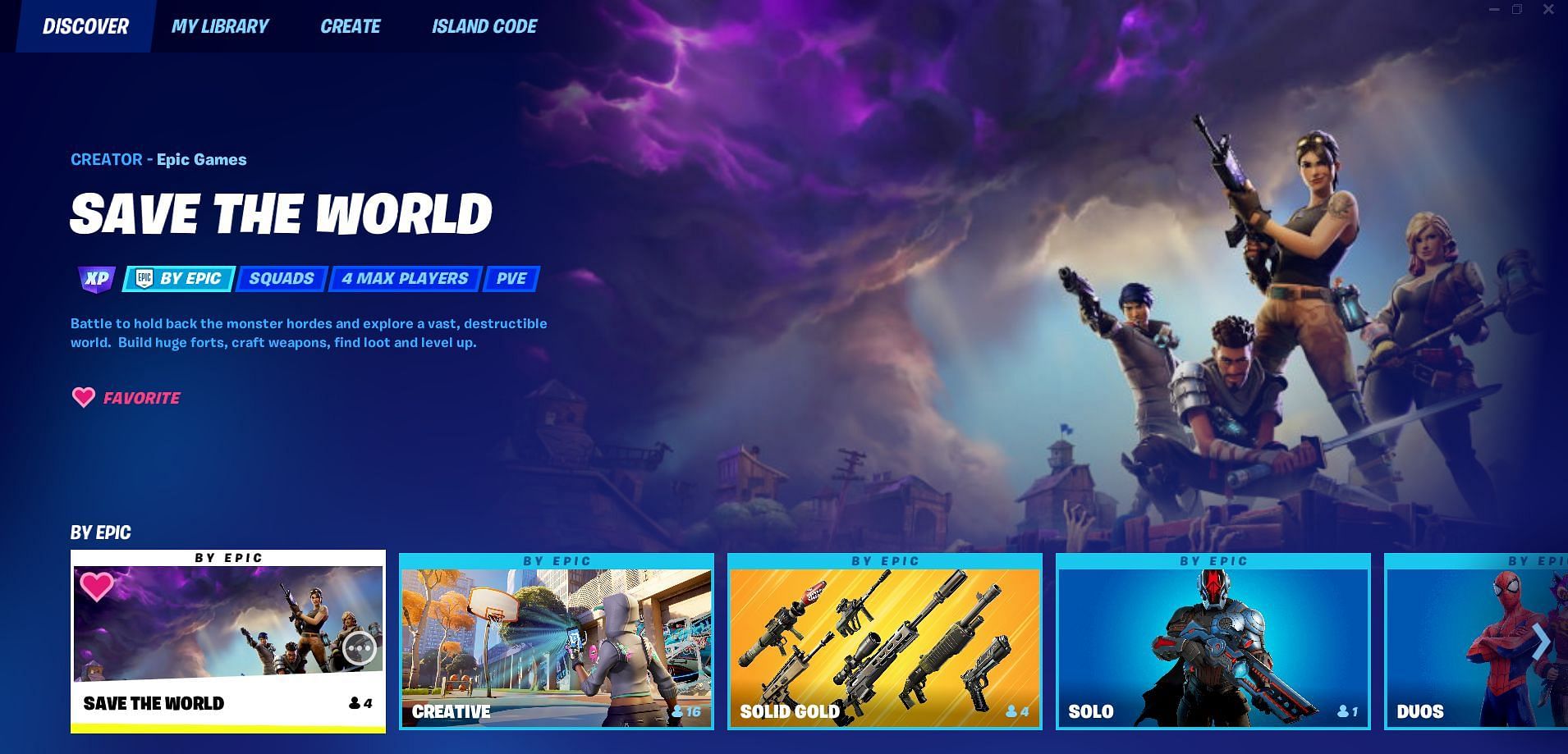 Select Save the World from the Discover menu (Image via Epic Games)