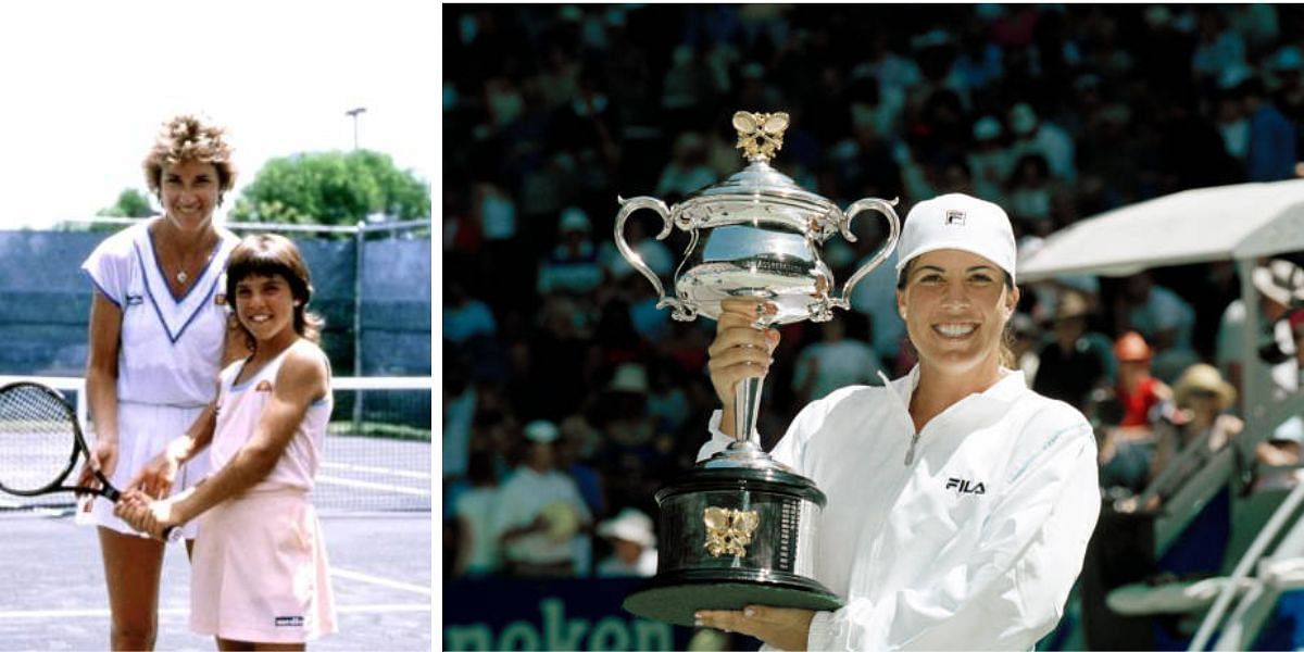 Chris Evert with young Jennifer Capriati and Capriati with her Australian Open trophy