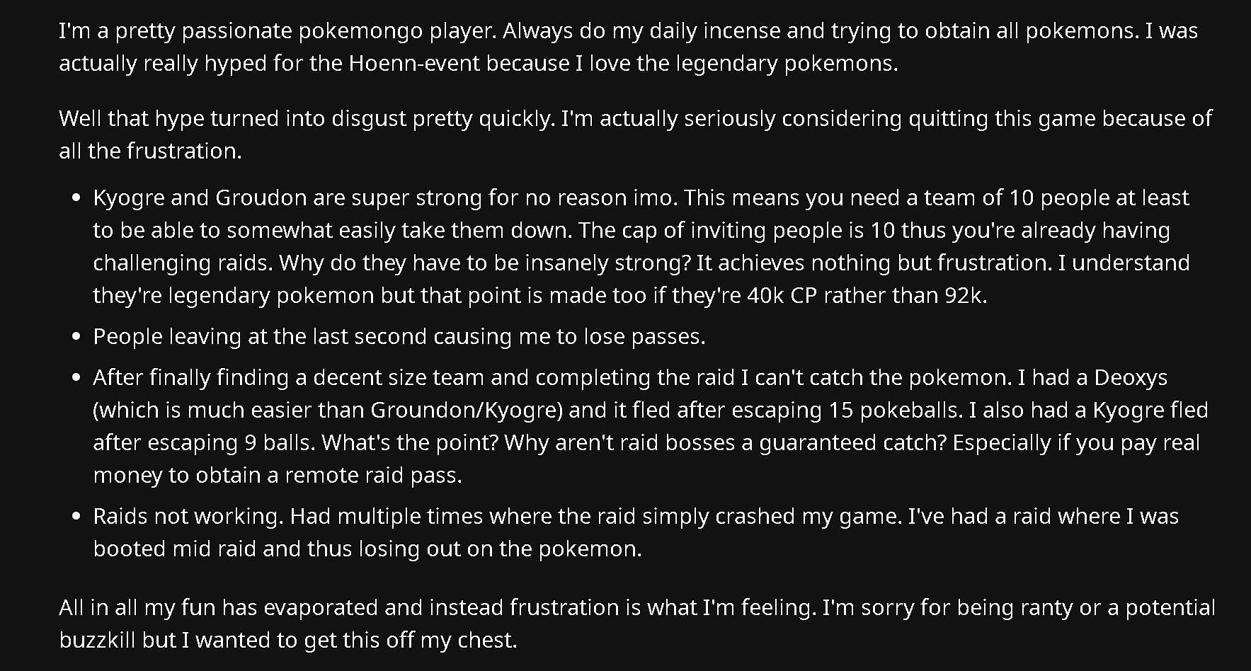 A screencap of user superfire444&#039;s post to Pokemon GO&#039;s official subreddit