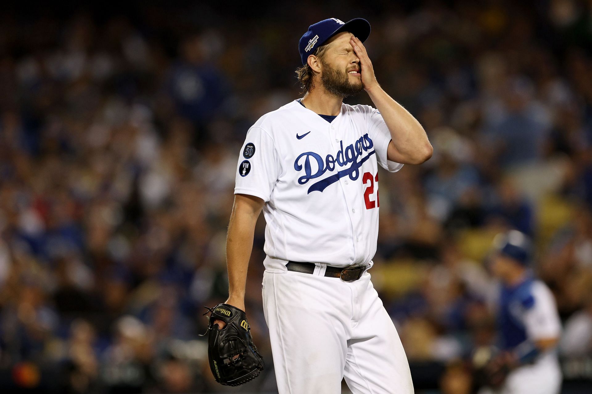 Clayton Kershaw reacts in game two of the National League Division Series against the San Diego Padres