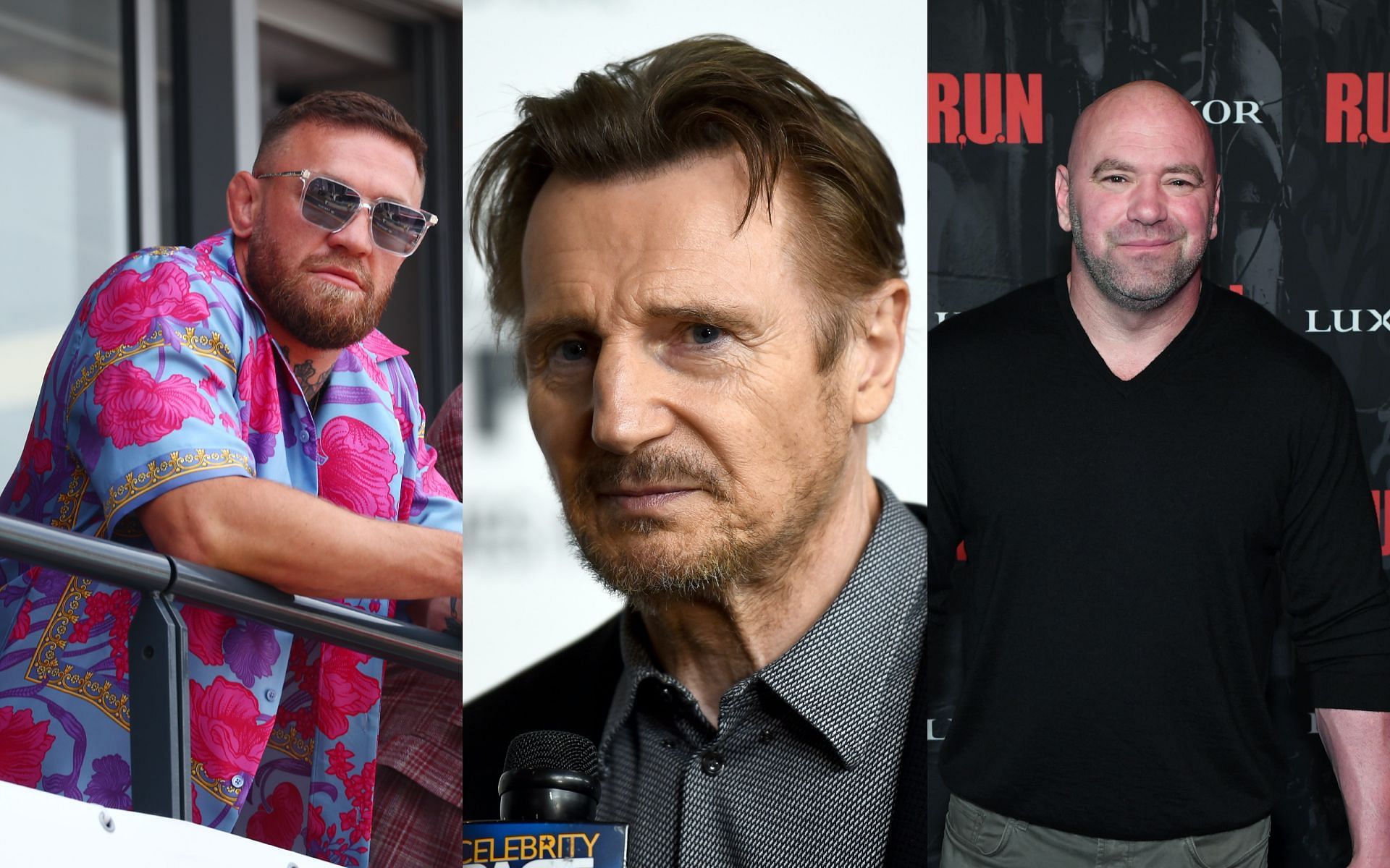 Conor McGregor (left), Liam Neeson (centre) and Dana White (right) [Image Credits: Vanity Fair and Getty Images]