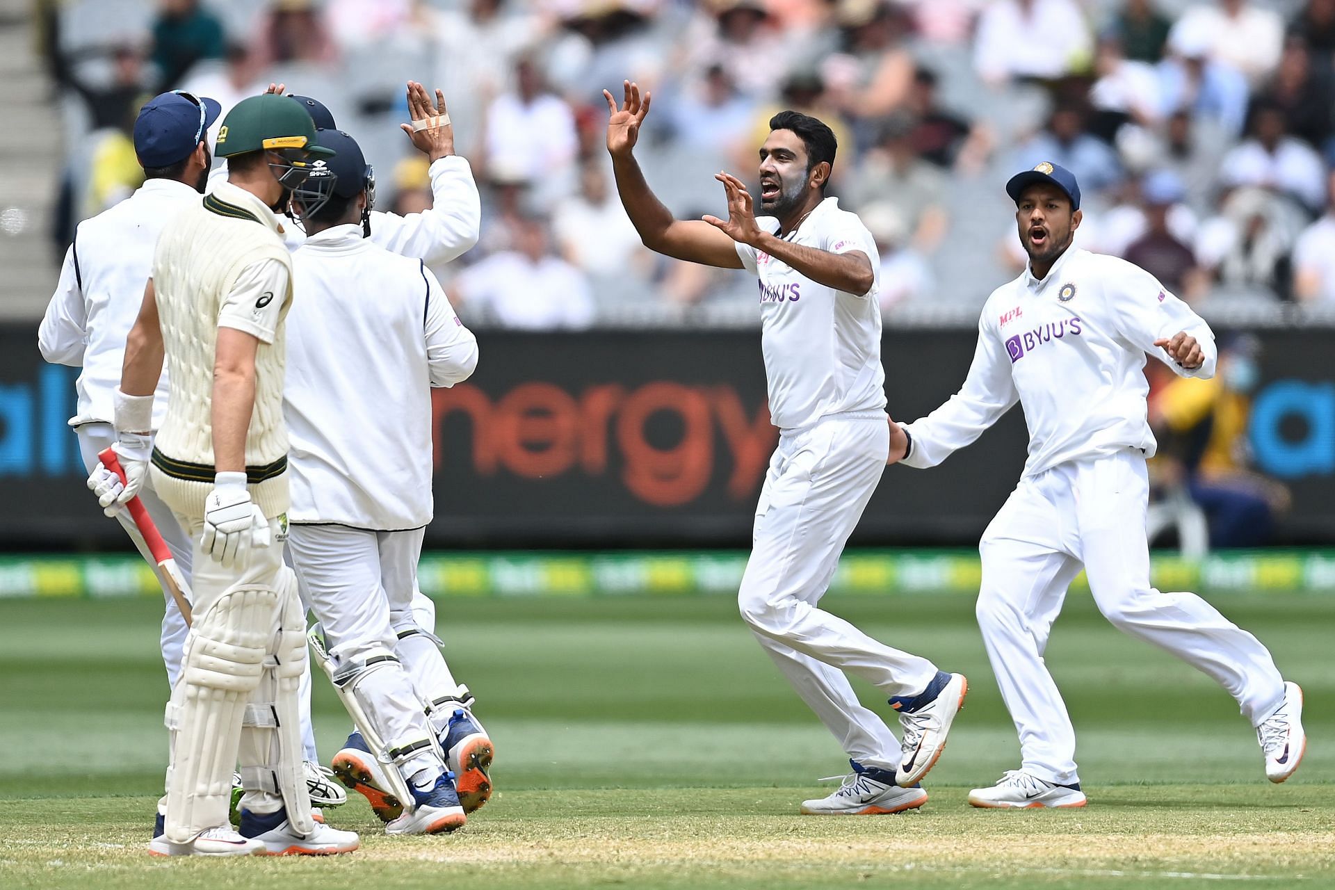 Ravichandran Ashwin of India celebrates getting the wicket of Marnus Labuschagne during the 2020 MCG Test. Pic: Getty Images