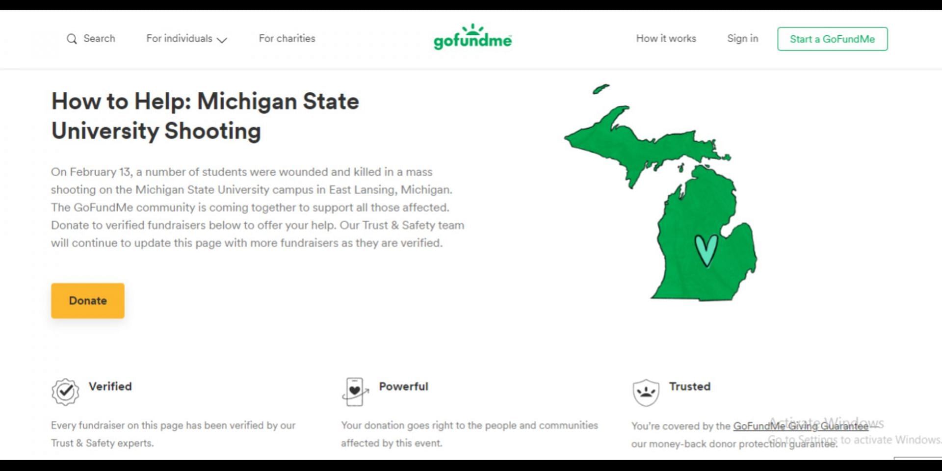 GoFundMe&#039;s fundraising hub for the affected MSU students and their families (Image via GoFundMe)