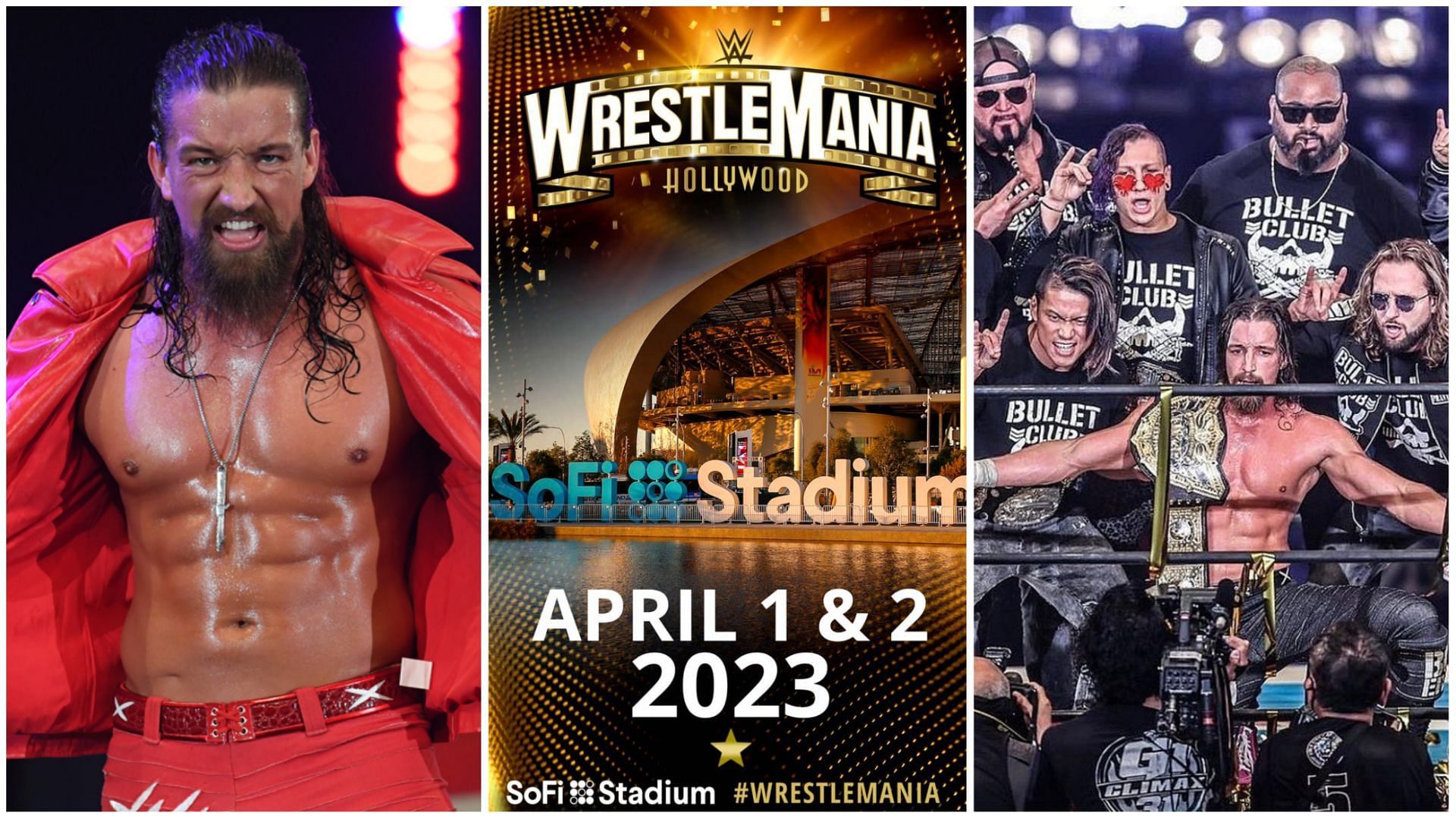 &quot;Switchblade&quot; Jay White (L), WWE WrestleMania 39 advertisement (c), NJPW