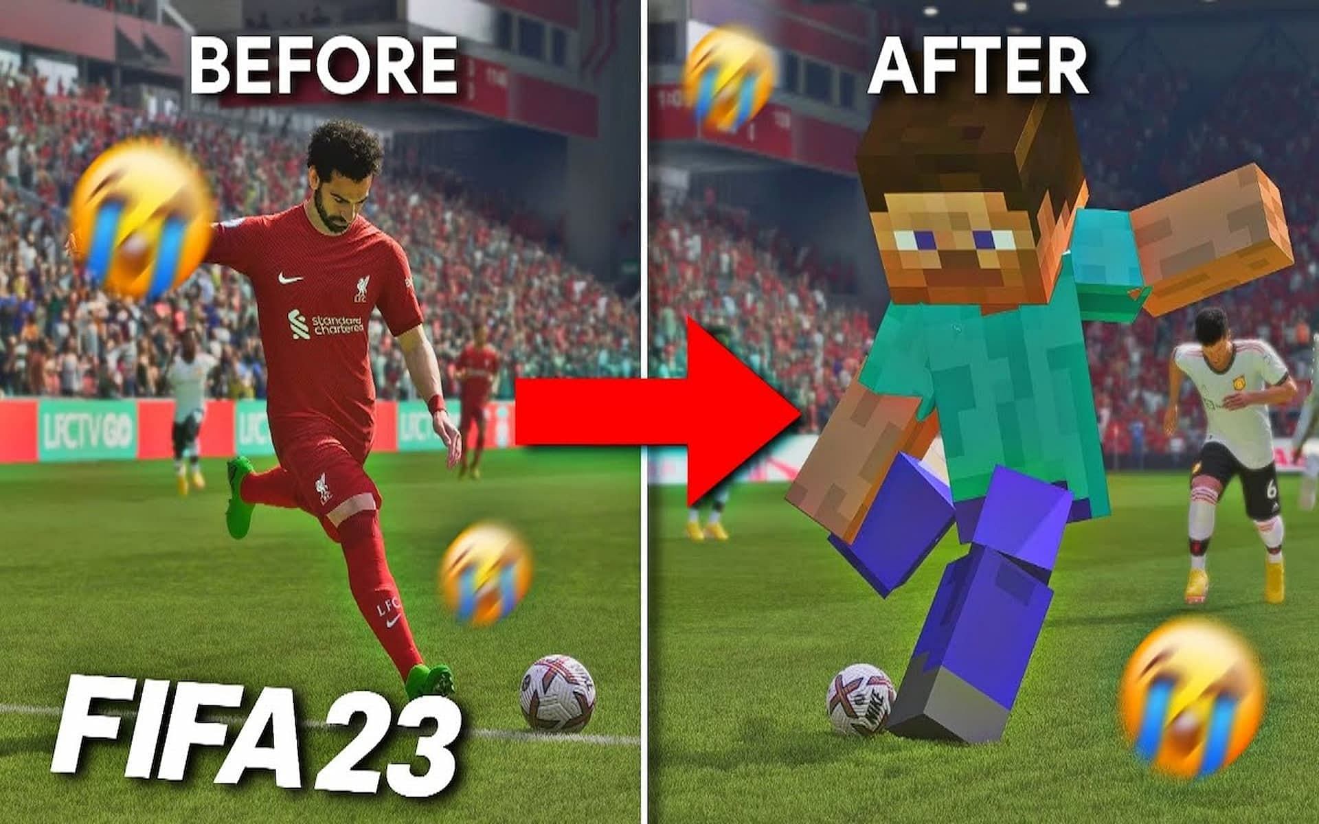 The Minecraft mod for FIFA 23 brings the blocky characters into the game (Image via YouTube/FNG)