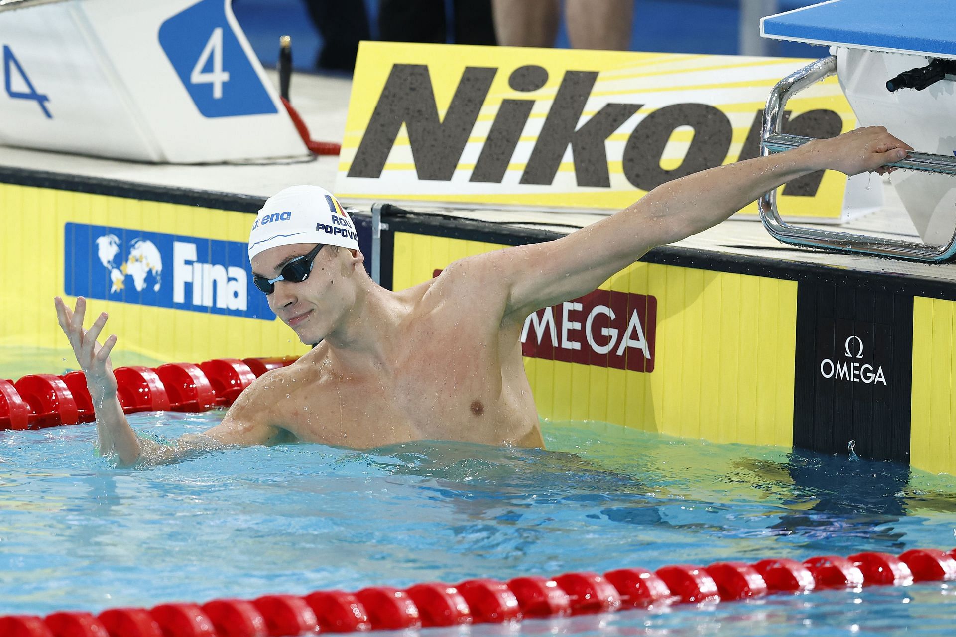 David Popovici celebrates after his Men&#039;s 100m Freestyle Semifinal at the 2022 FINA World Short Course Swimming Championships in 2022