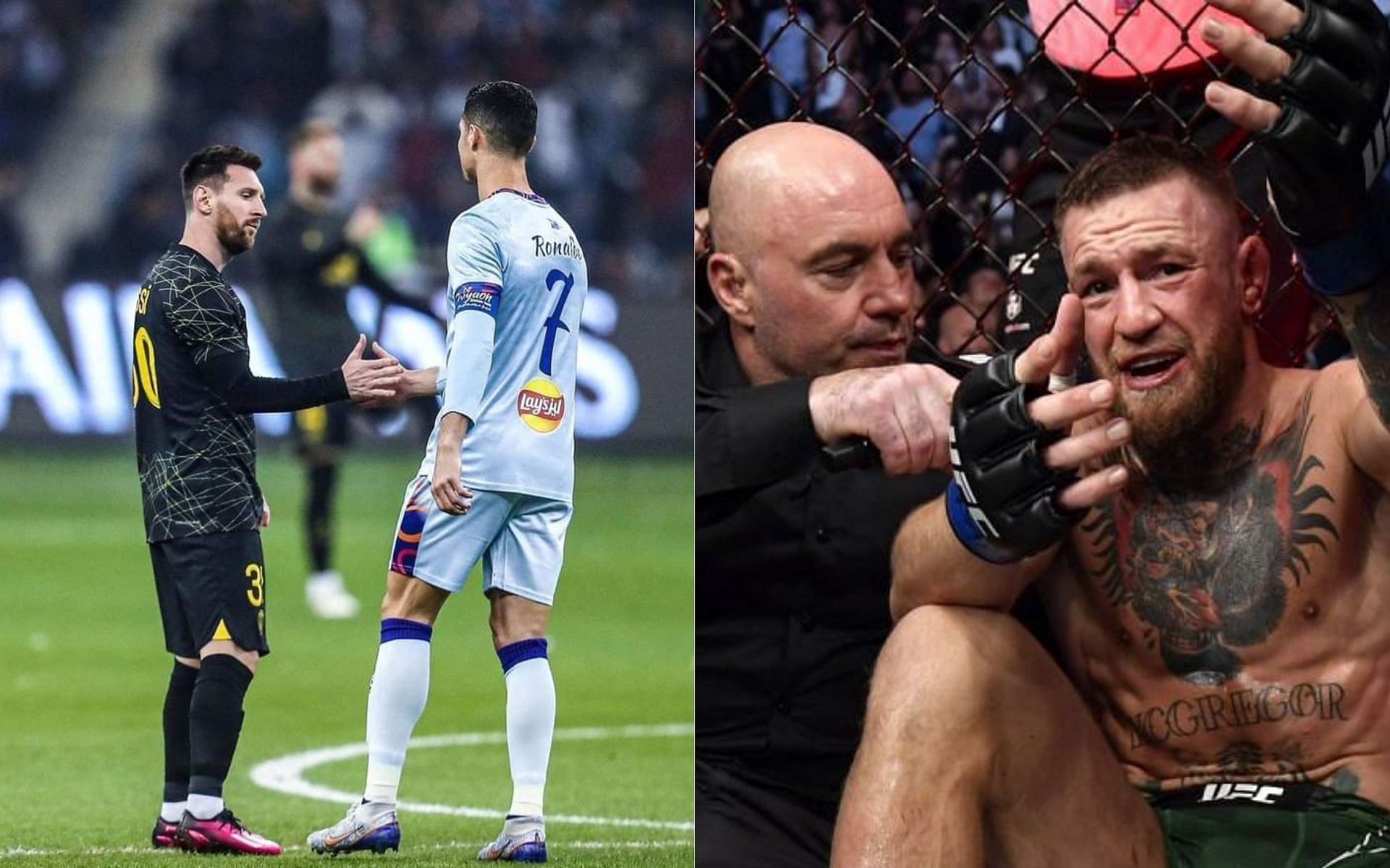 Ronaldo and Messi [Left] Conor McGregor and Joe Rogan after UFC 264 [Right] [Images courtesy: @GhalibZaidi9 and @JoeRoganhq (Twitter)]