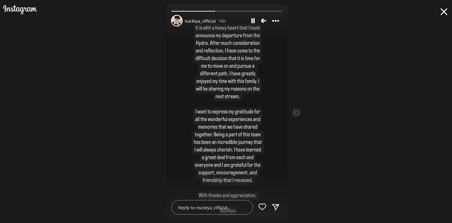 A snippet of Vickie &quot;Nucleya&quot; Singh&#039;s Instagram story bidding farewell to Hydra (Image via Instagram/nucleya_official)