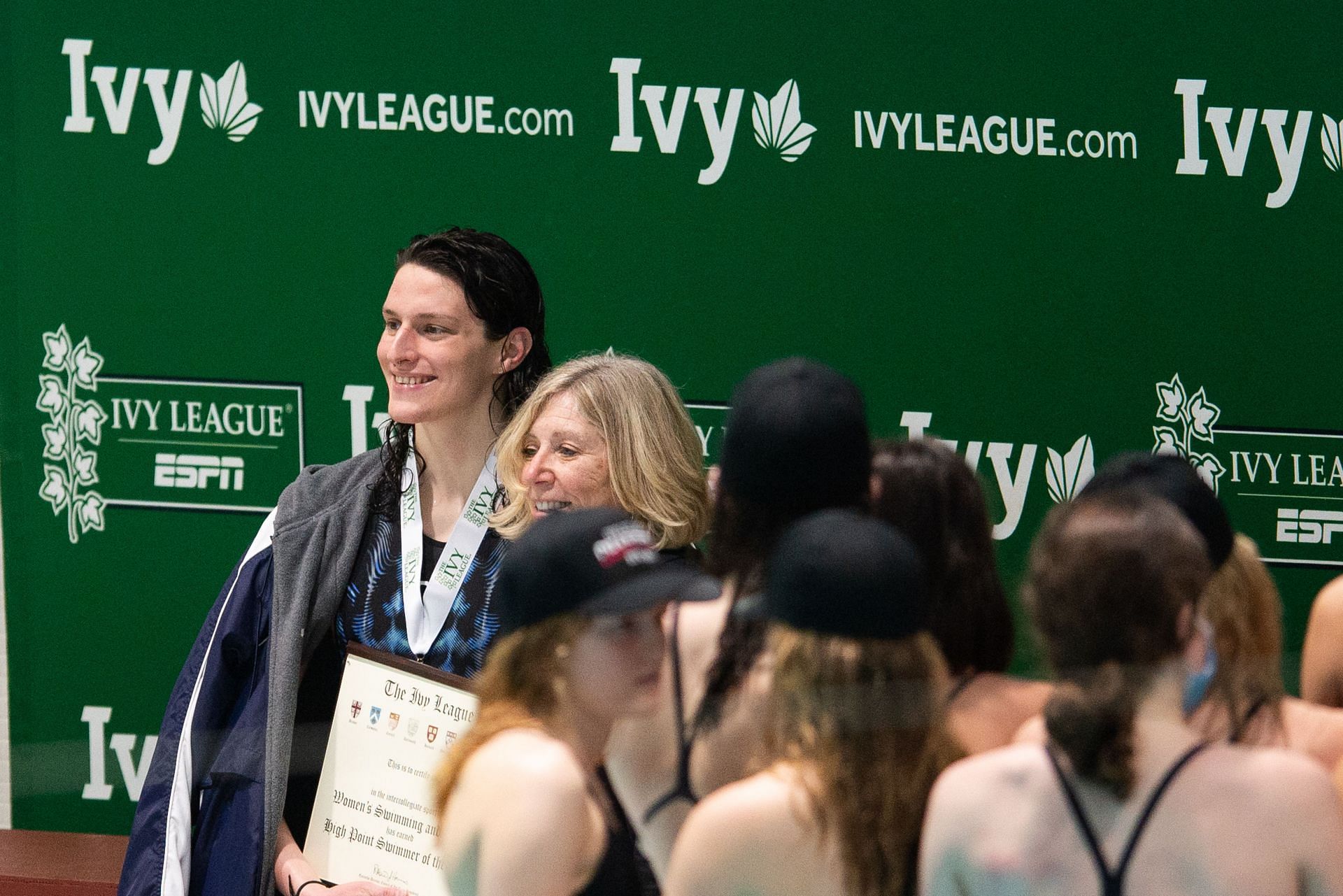 Lia Thomas receives high point swimmer of the meet for her multiple wins throughout the 2022 Ivy League Womens Swimming and Diving Championships 