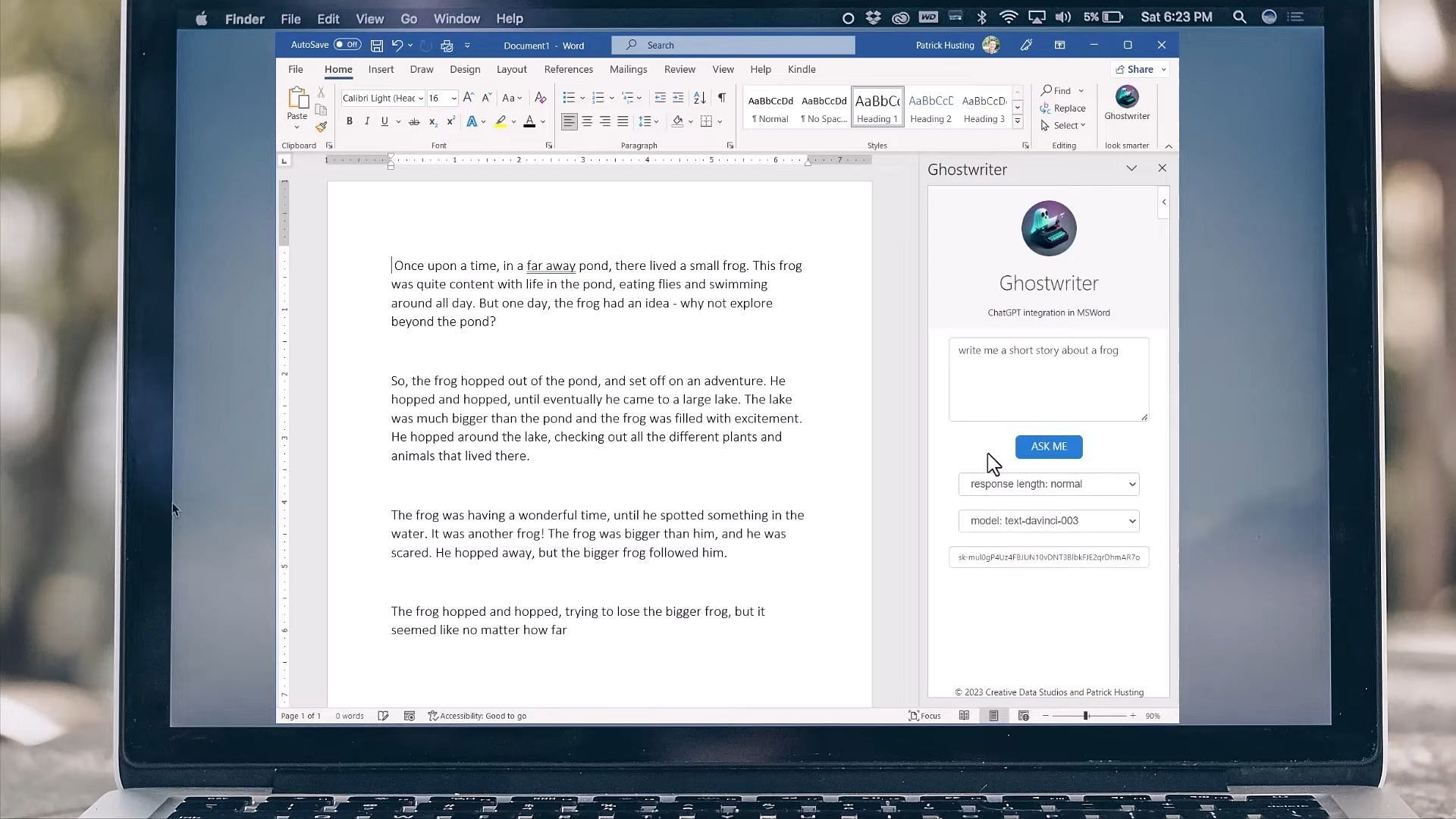 The Ghostwriter add-on syncs the use of ChatGPT with Microsoft Word (Image via Patrick Husting)
