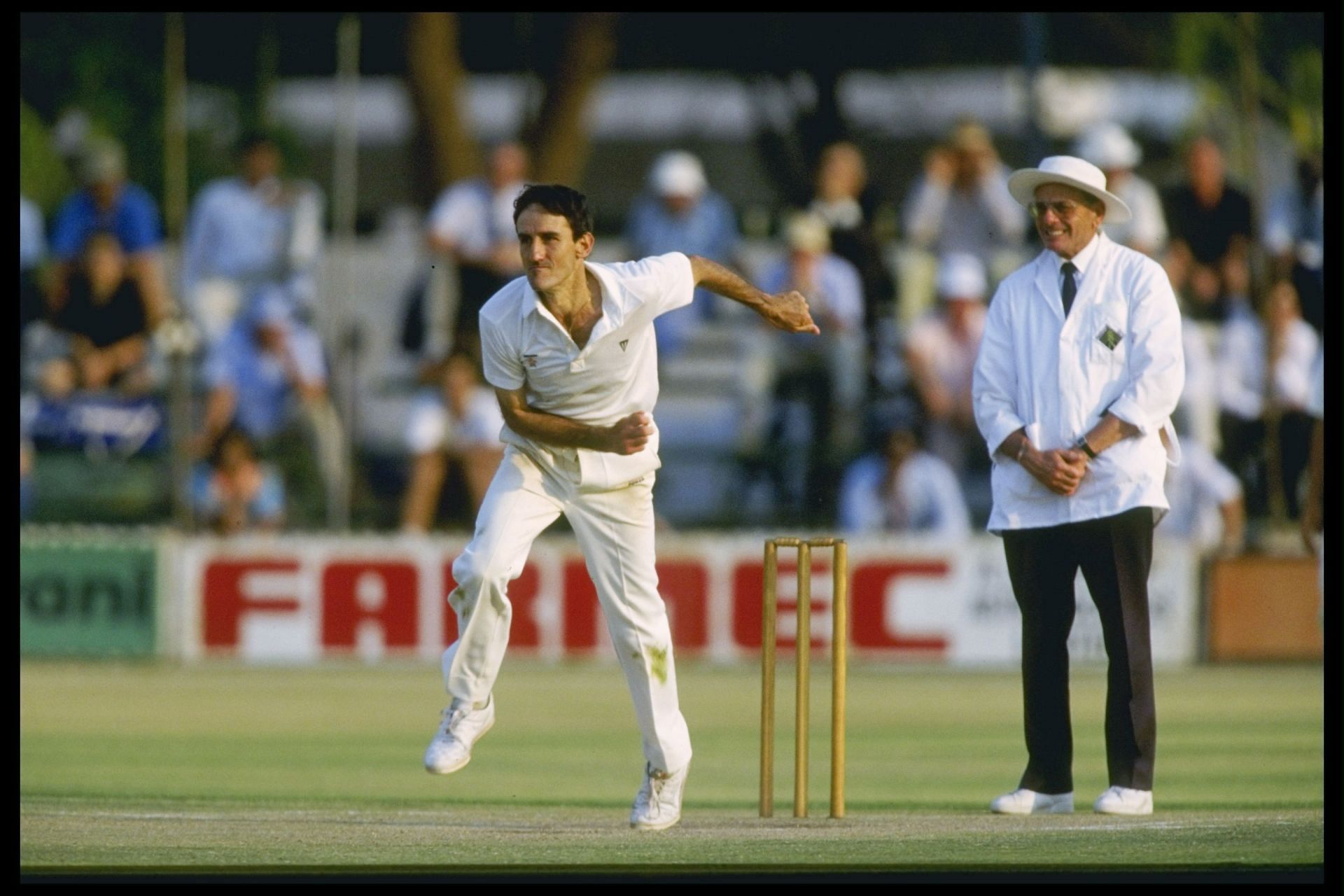 John Traicos of Zimbabwe bowling against India during the historic first test in Harare. Pic: Getty Images