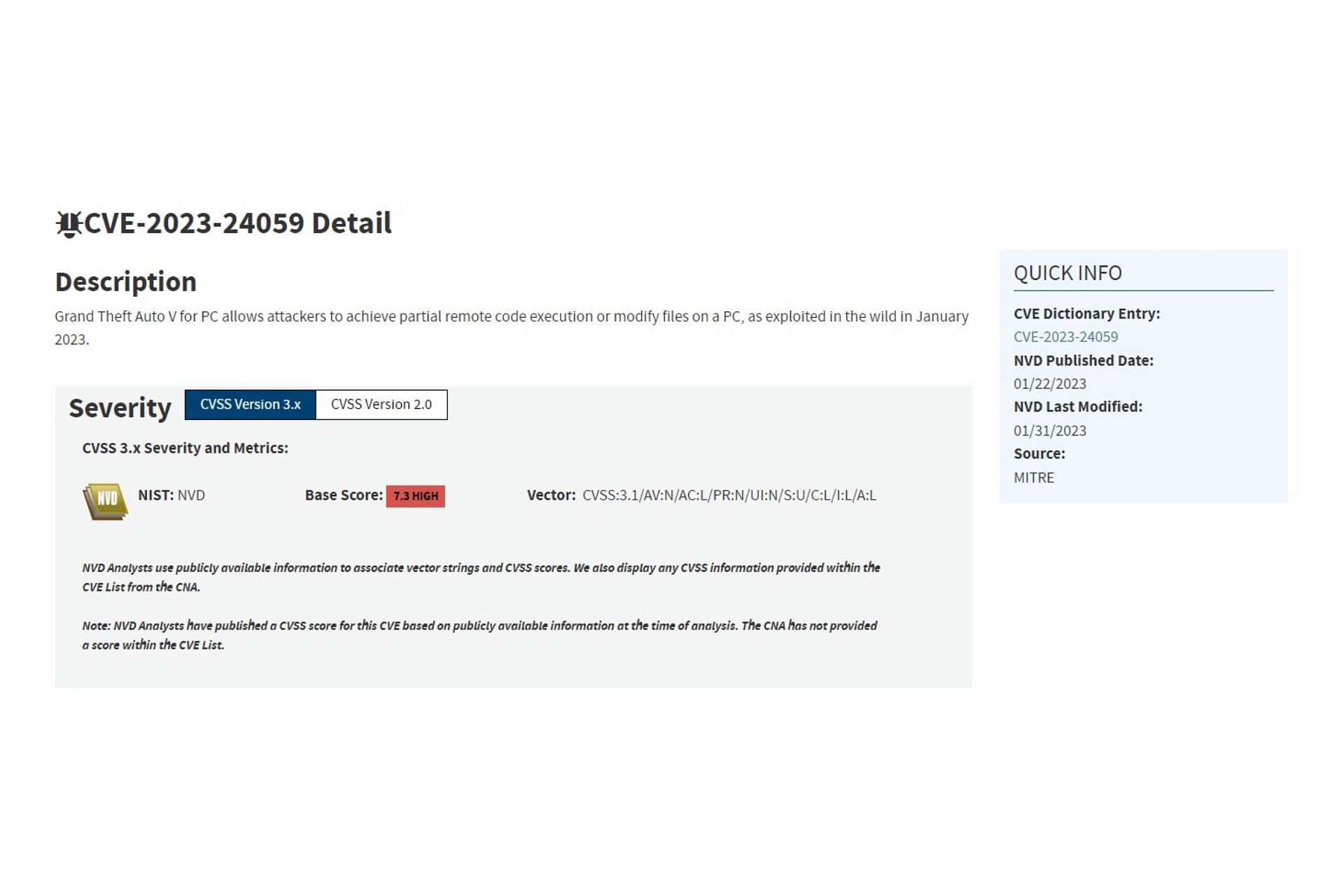 The severity rating of the GTA Online remote code execution exploits on PC (Image via Twitter/PLTytus)