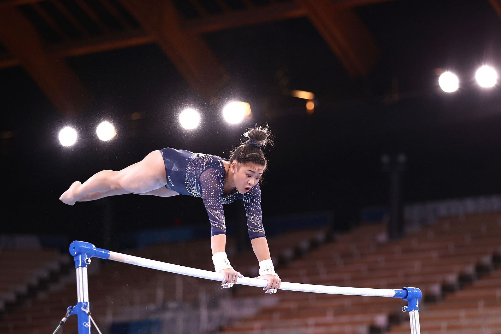 Sunisa Lee competes in the Women&#039;s Uneven Bars Final at the Tokyo 2020 Olympic Games