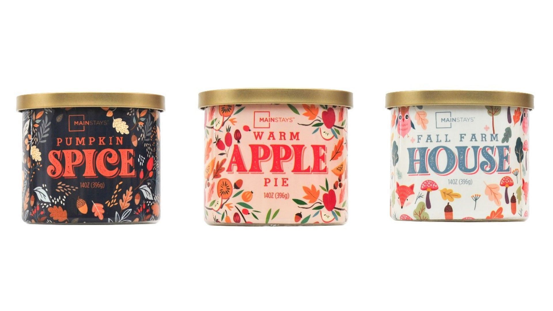 the other three recalled Mainstays Three-Wick Candles include the Pumpkin Spice, Warm Apple Pie, and Fall Farm House themes (Image via Consumer Products and Safety Commission/ CPSC)