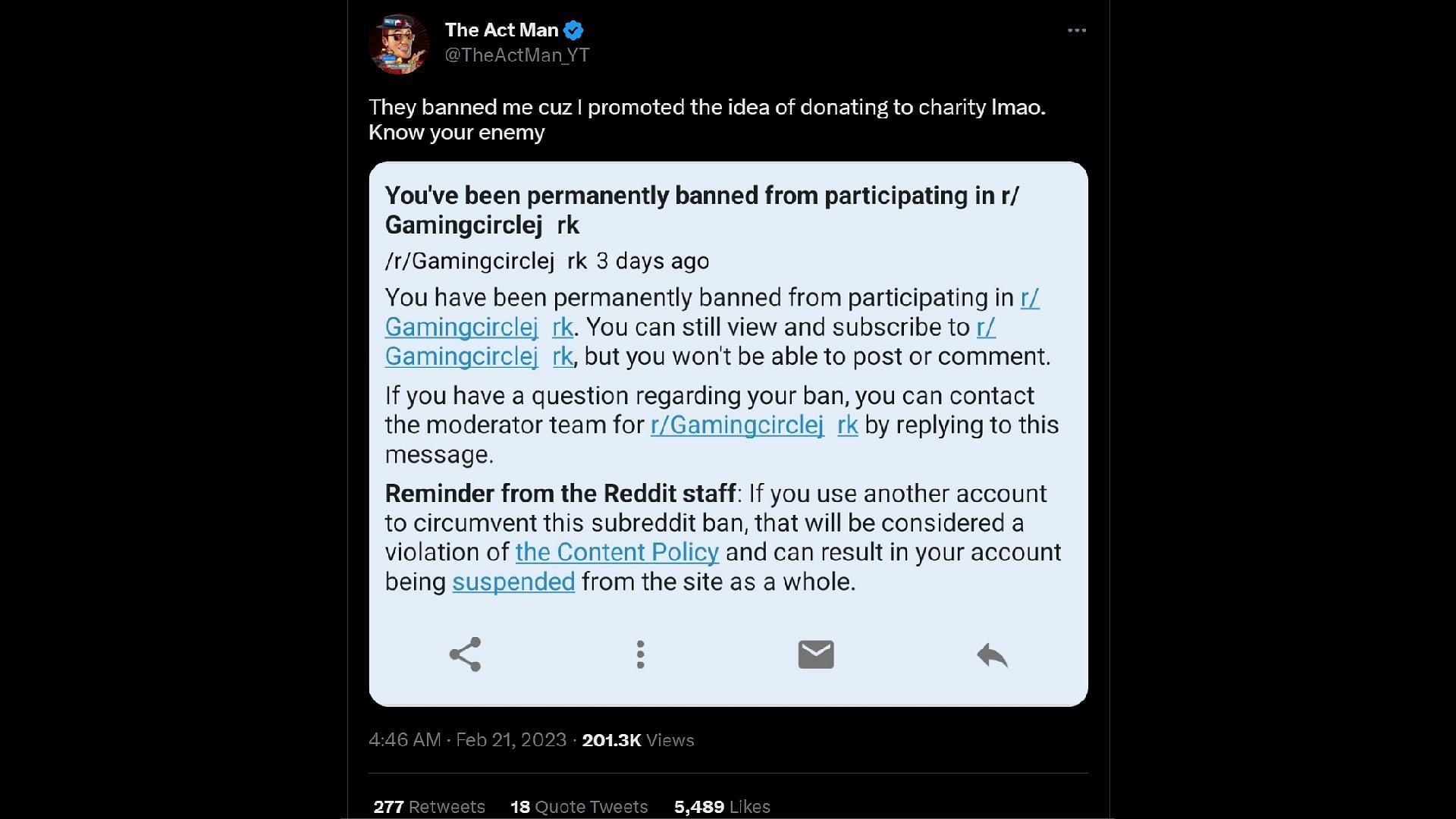 YouTuber&#039;s tweet showcasing the message of him getting permanently banned from the subreddit (Image via Twitter)