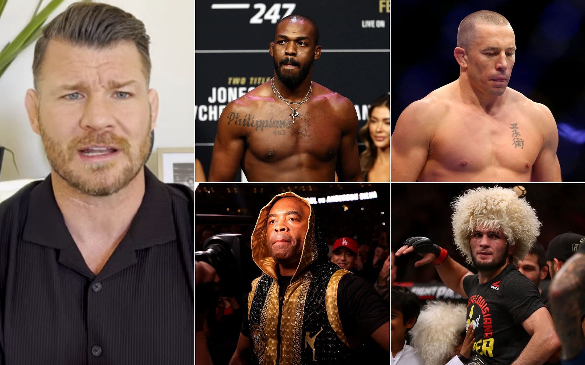 Michael Bisping (Left), and Jon Jones, Georges St-Pierre, Anderson Silva, and Khabib Nurmagomedov  (Right) [Photo credit Michael Bisping - YouTube]