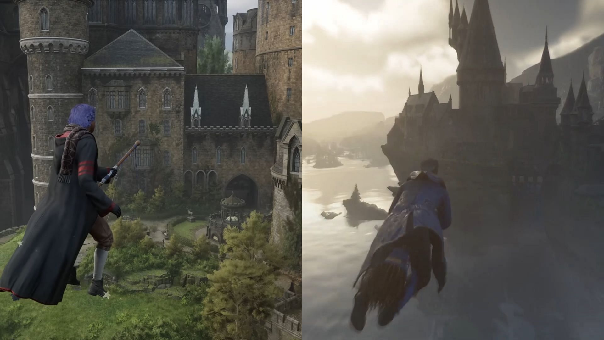 Players can take to the skies using the broom in Hogwarts Legacy (Image via YouTube/Benjamin Snow and Backseat Guides)