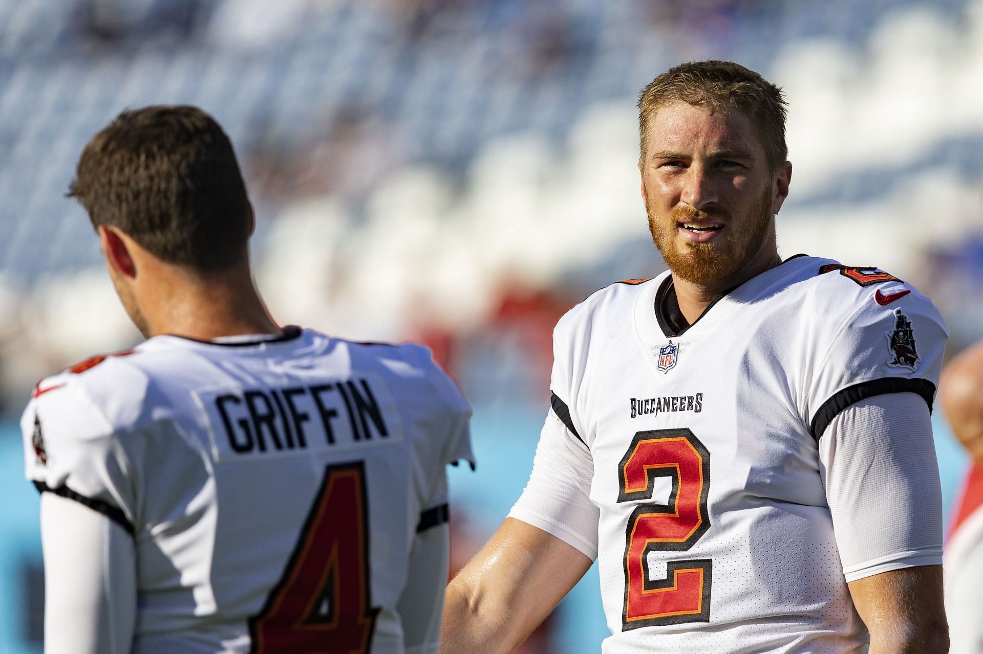 Kyle Trask (Right) at Tampa Bay Buccaneers v Tennessee Titans