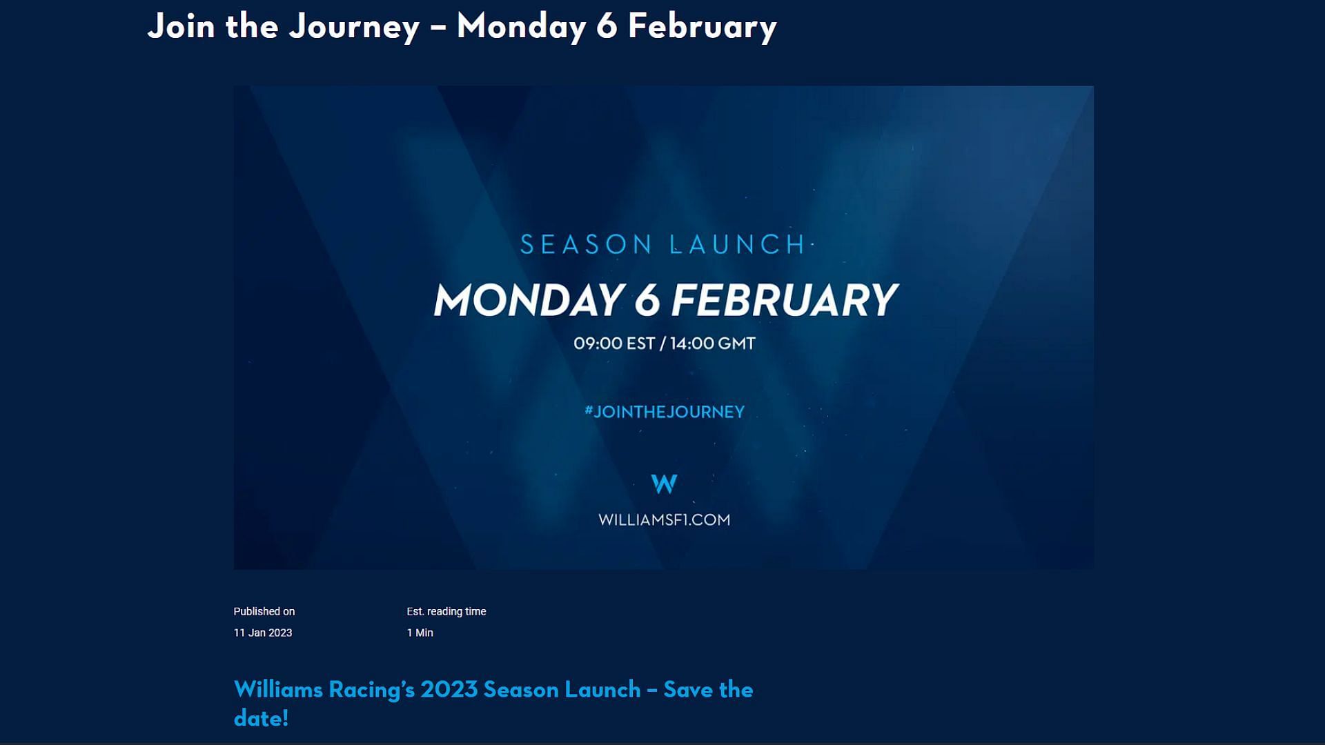 Williams&#039; official website where the car launch event will be live-streamed (Image via Sportskeeda)