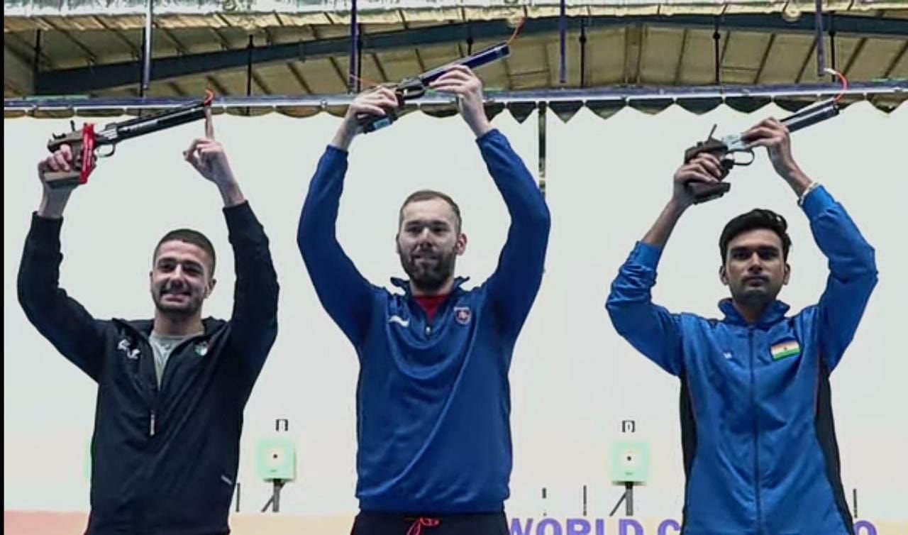 Varun Tomar (first from left) after winning the bronze at ISSF World Cup [Image: SAI Sports]