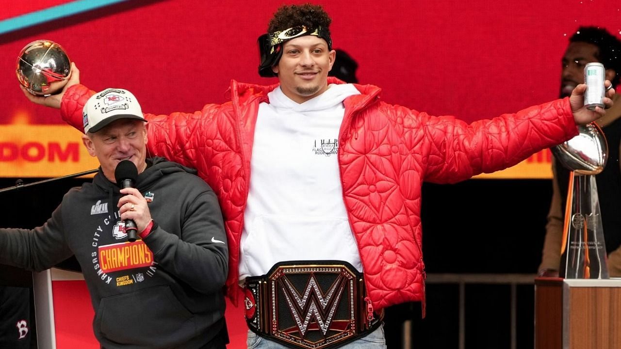 Patrick Mahomes Celebrates Super Bowl Victory with Trophy, WWE Belt