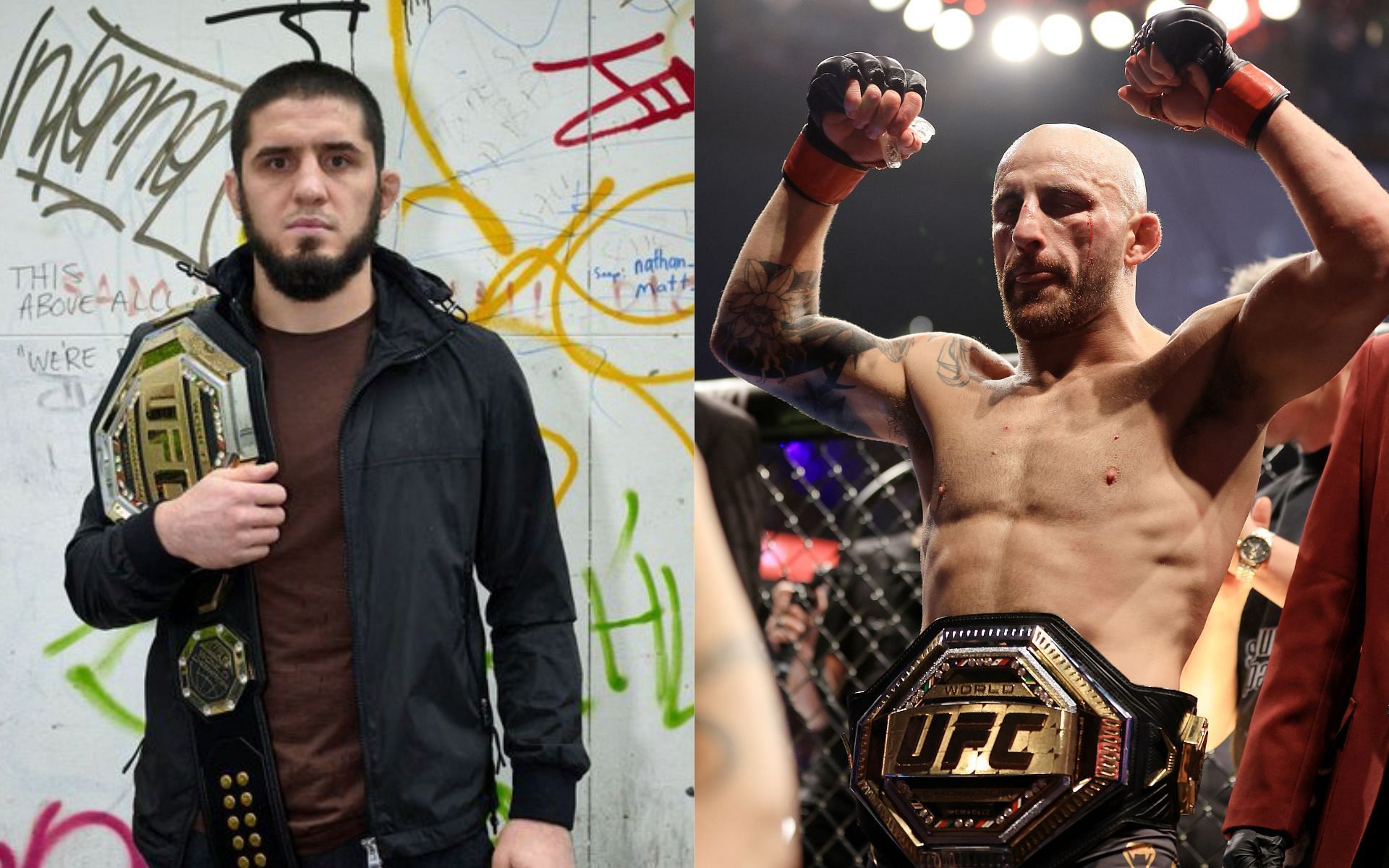 Islam Makhachev (left) and Alexander Volkanovski (right) (Image credits Getty Images and @MakhachevMMA on Twitter)