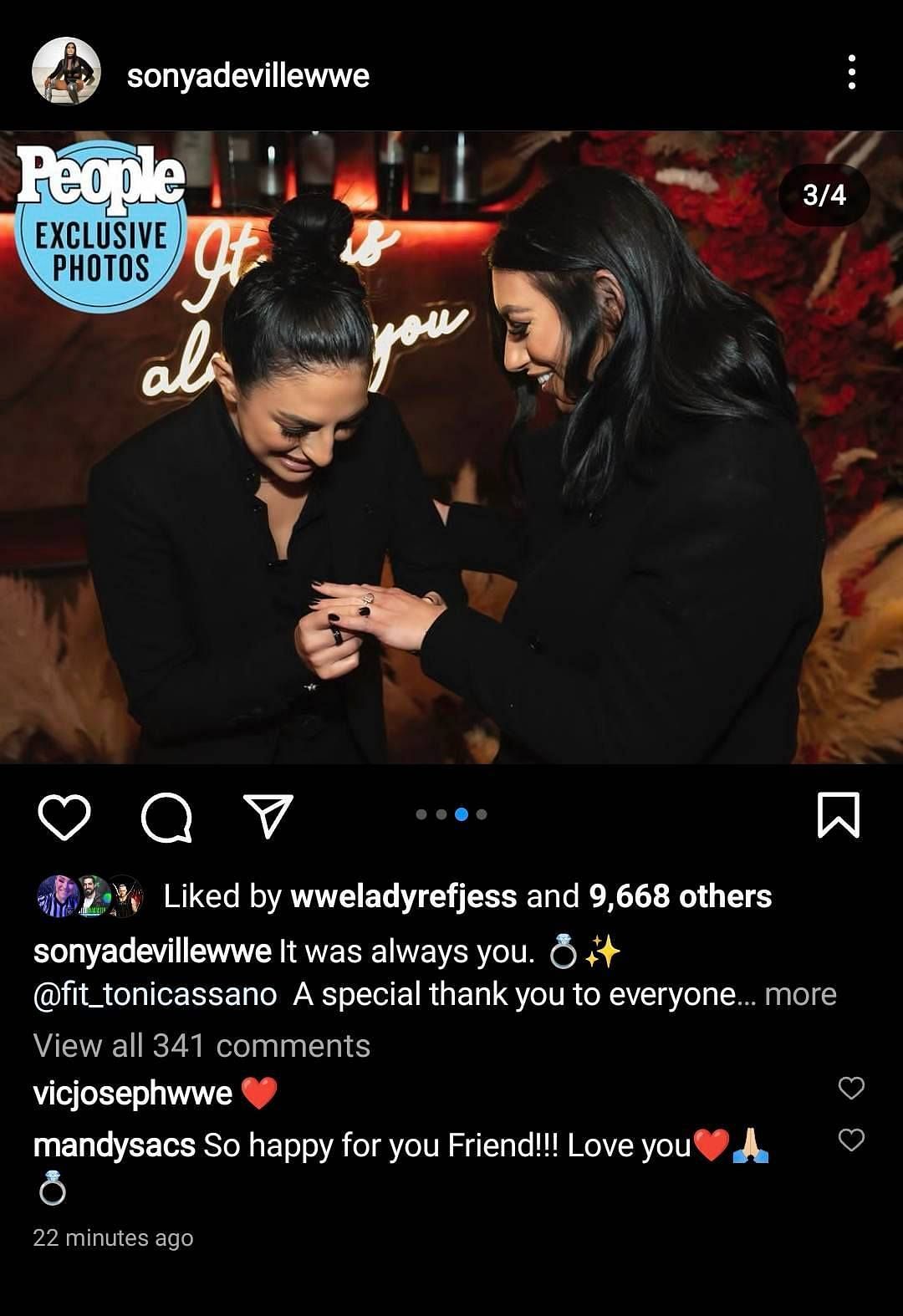 Deville&#039;s Instagram post featuring her engagement with Toni Cassano