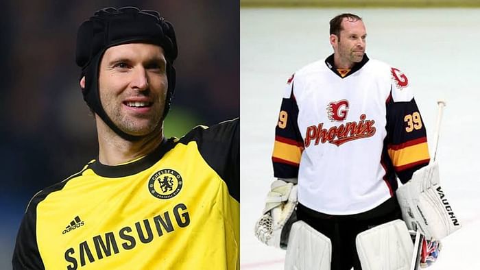 Petr Cech saves two penalties on man of the match ice hockey debut wearing  Chelsea and Arsenal badges on helmet