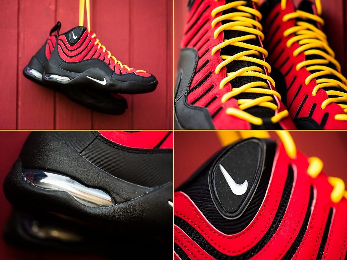 Close-ups of Black and Red Supreme x Nike Air Bakin sneakers (Image via Sportskeeda)