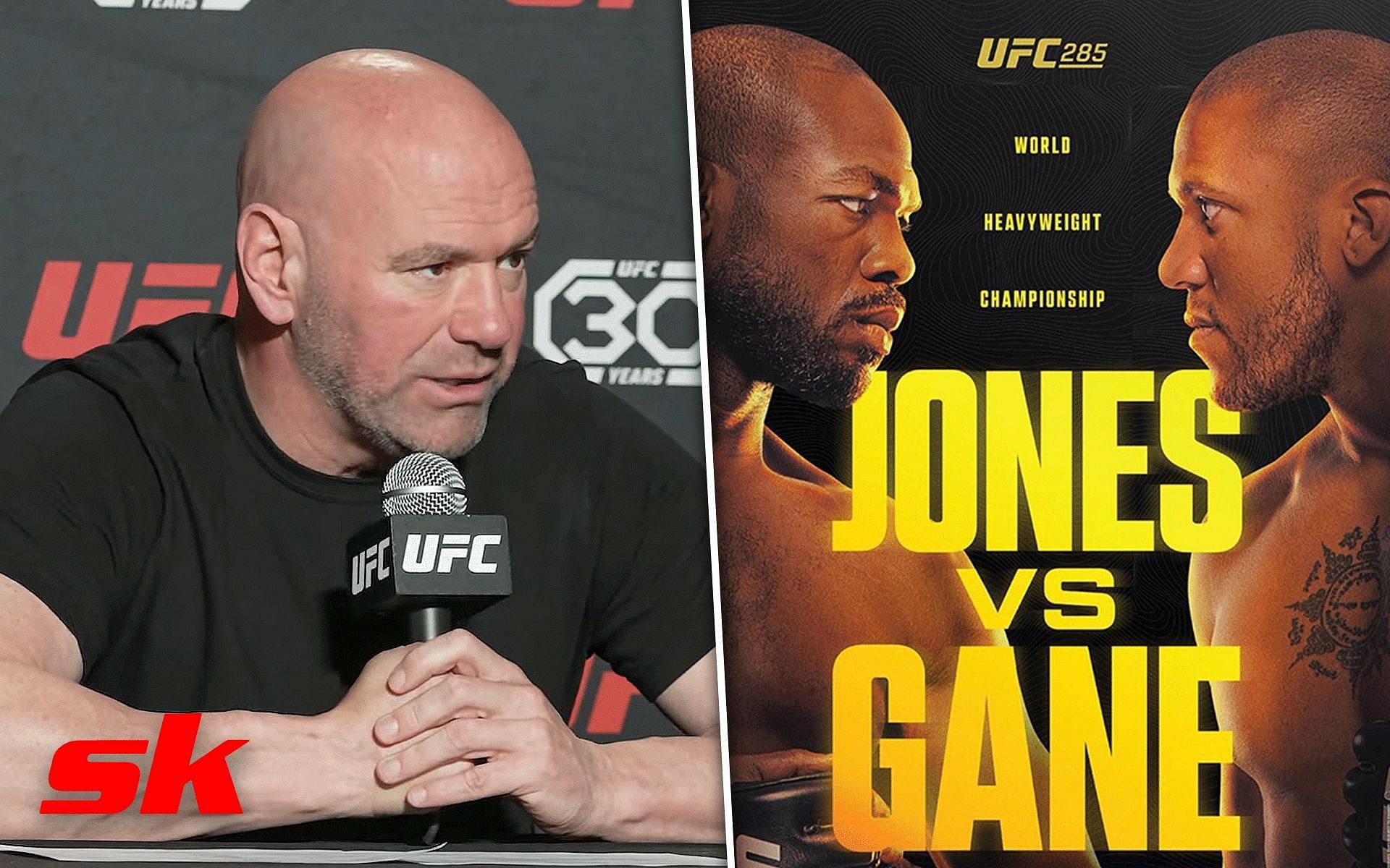 Dana White (left) and Jon Jones vs. Ciryl Gane poster (right). [Images courtesy: left image from YouTube MMA Junkie and right image from Instagram @ufc]