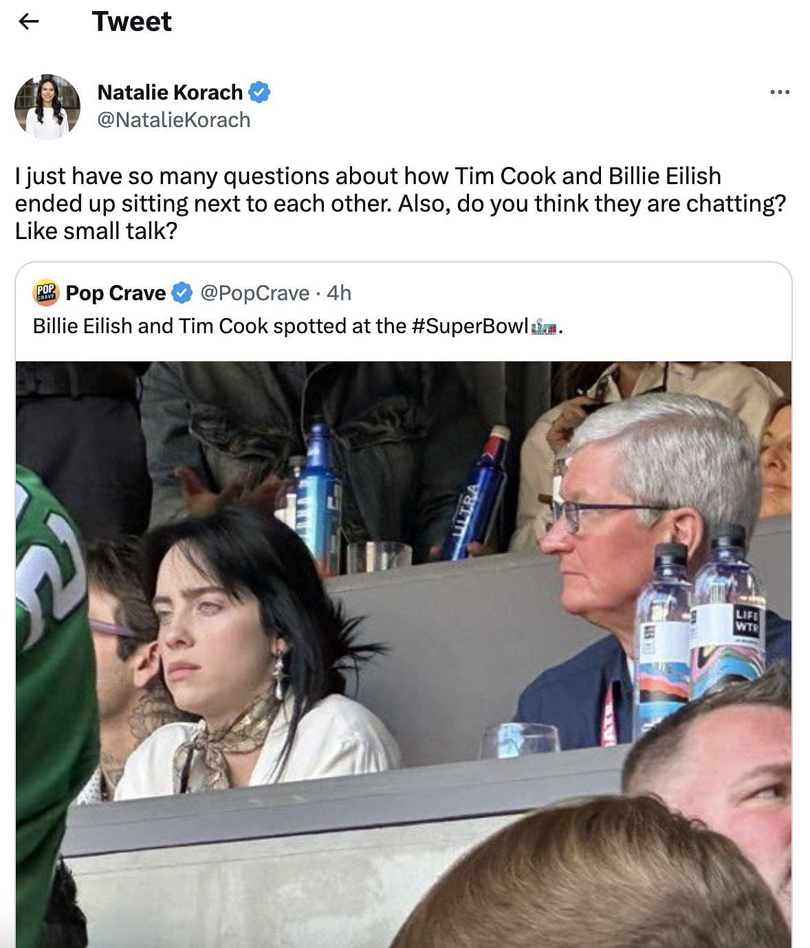 Social media users perplexed after a picture of Eilish with Tim Cook floats on social media. (Image via Natalia Korach/ Twitter)