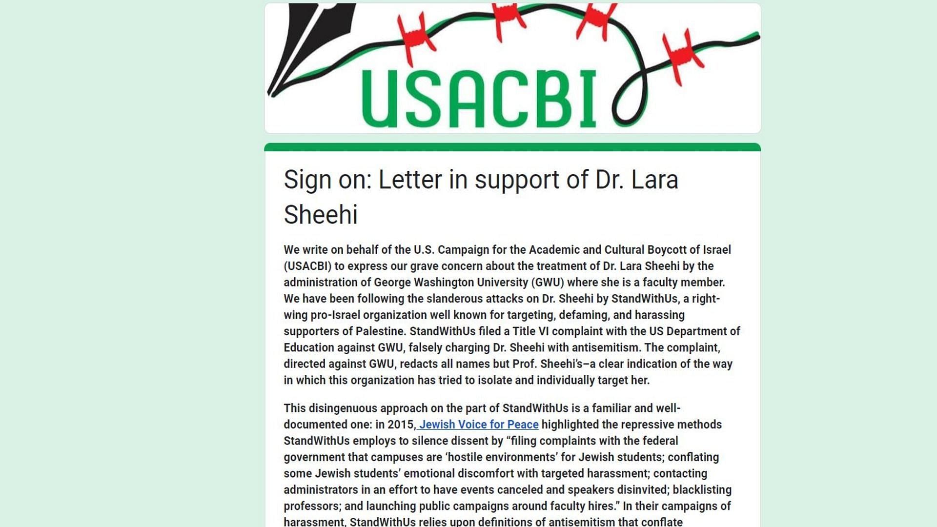 Sign on: Letter in support of Dr. Sheehi (Image via snip from Google Docs)