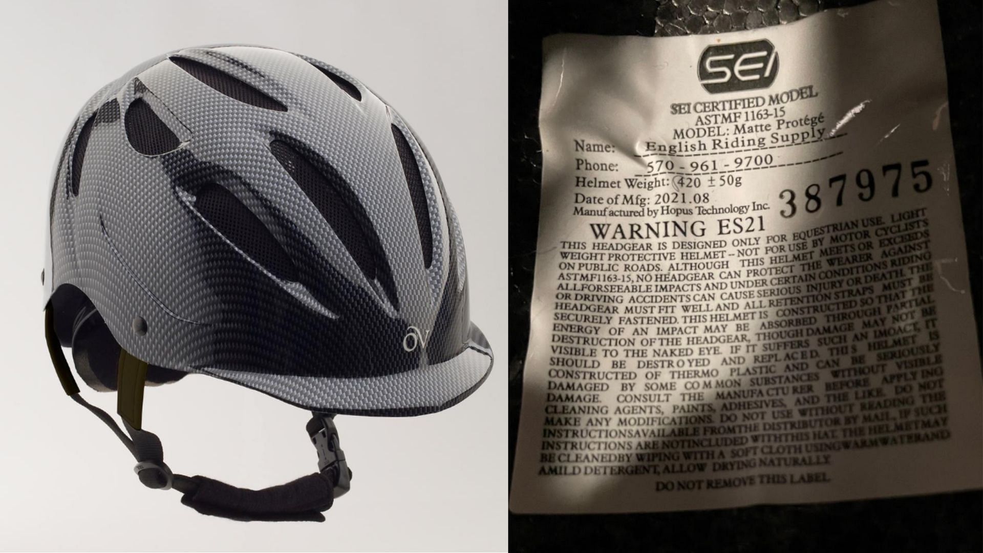 the recalled equestrian helmets and the inner SEI certification label (Image via CPSC)