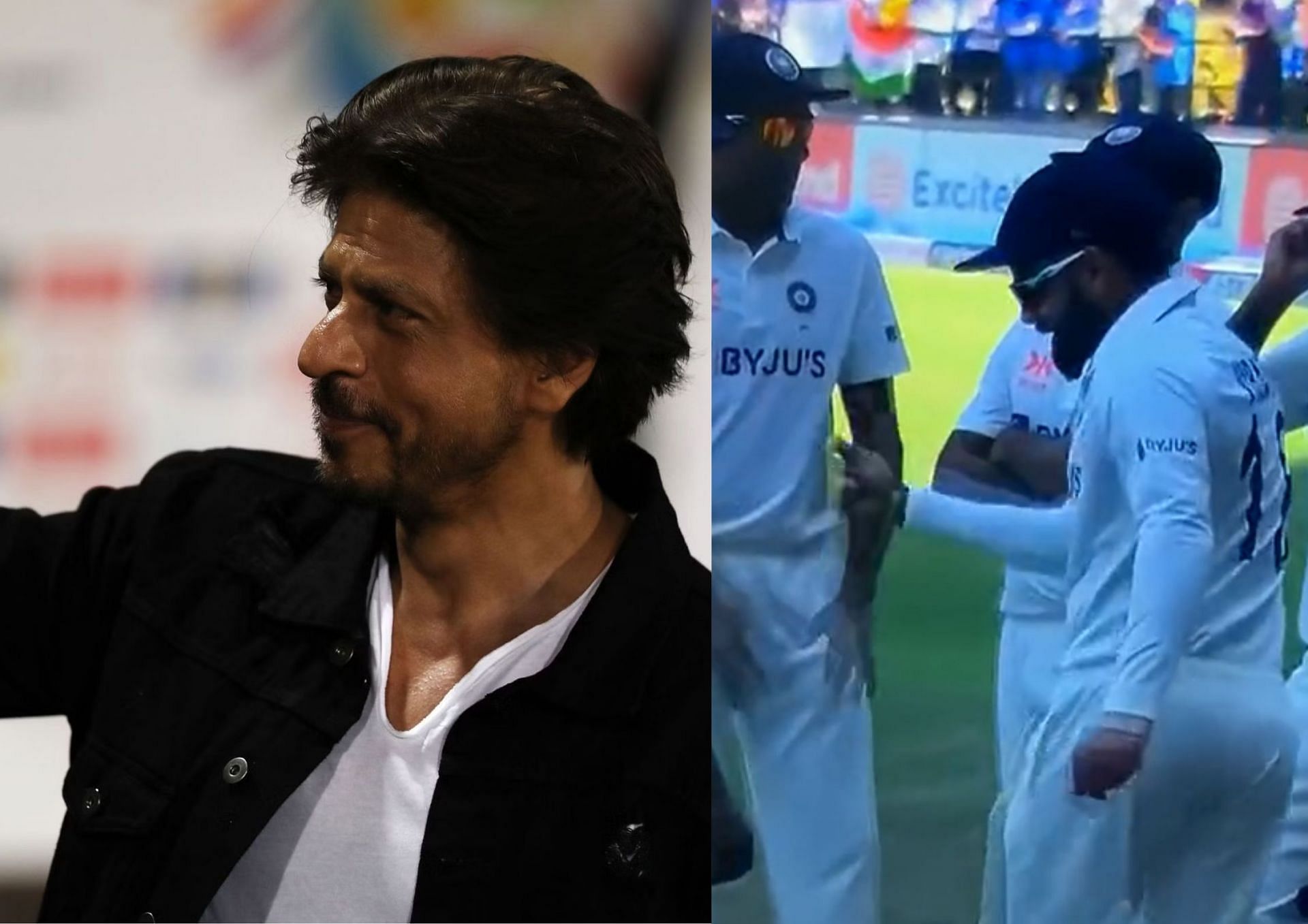Shah Rukh Khan certainly enjoyed watching Virat Kohli and Ravindra Jadeja trying out a step from a song featuring the superstar himself (Picture Credits: Getty Images; screengrab via Twitter).