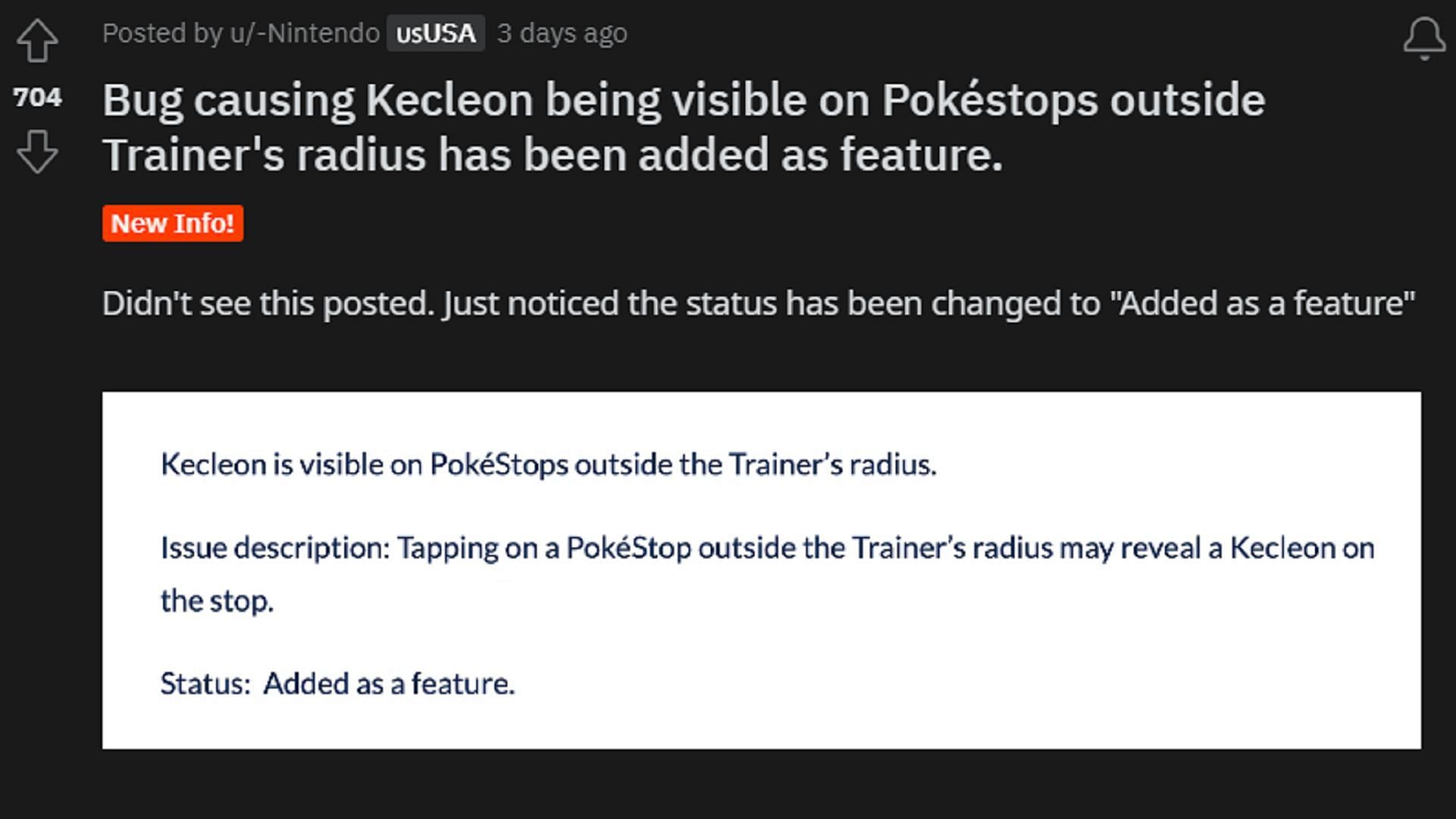 The Silph Road&#039;s text from a post confirming the Kecleon bug to feature conversion (Image via u/-Nintendo/Reddit)