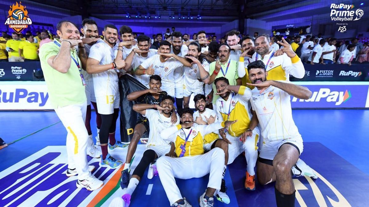 Ahmedabad defenders celebrating their win against Chennai Blitz in an earlier match (Image Courtesy: Twitter/Ahmedabad Defenders)