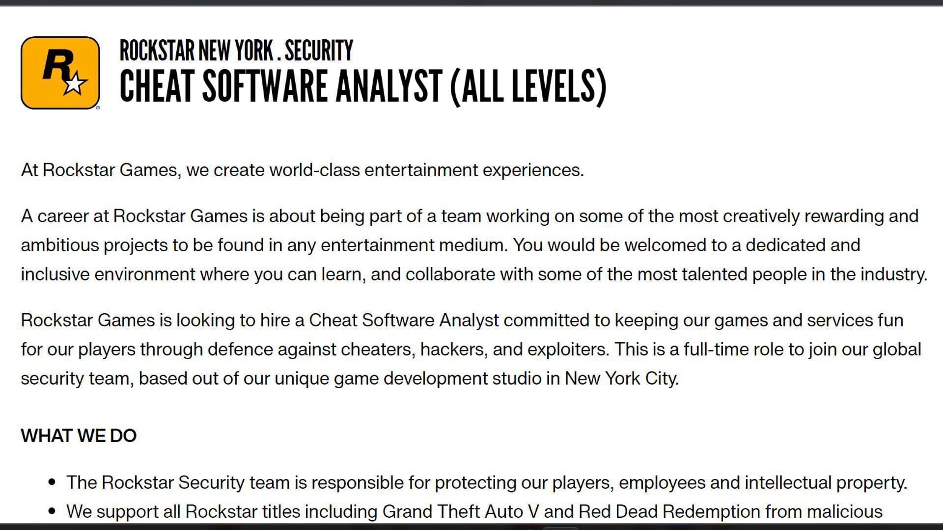 Rockstar Games is hiring people to handle something similar to the PC exploits (Image via Rockstar Games)