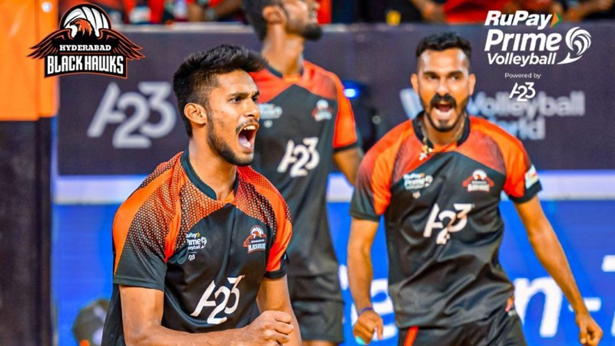 Hyderabad Blackhawks celebrating their win against Kochi in an earlier match (Image Courtesy: Twitter/Hyderabad Blackhawks)