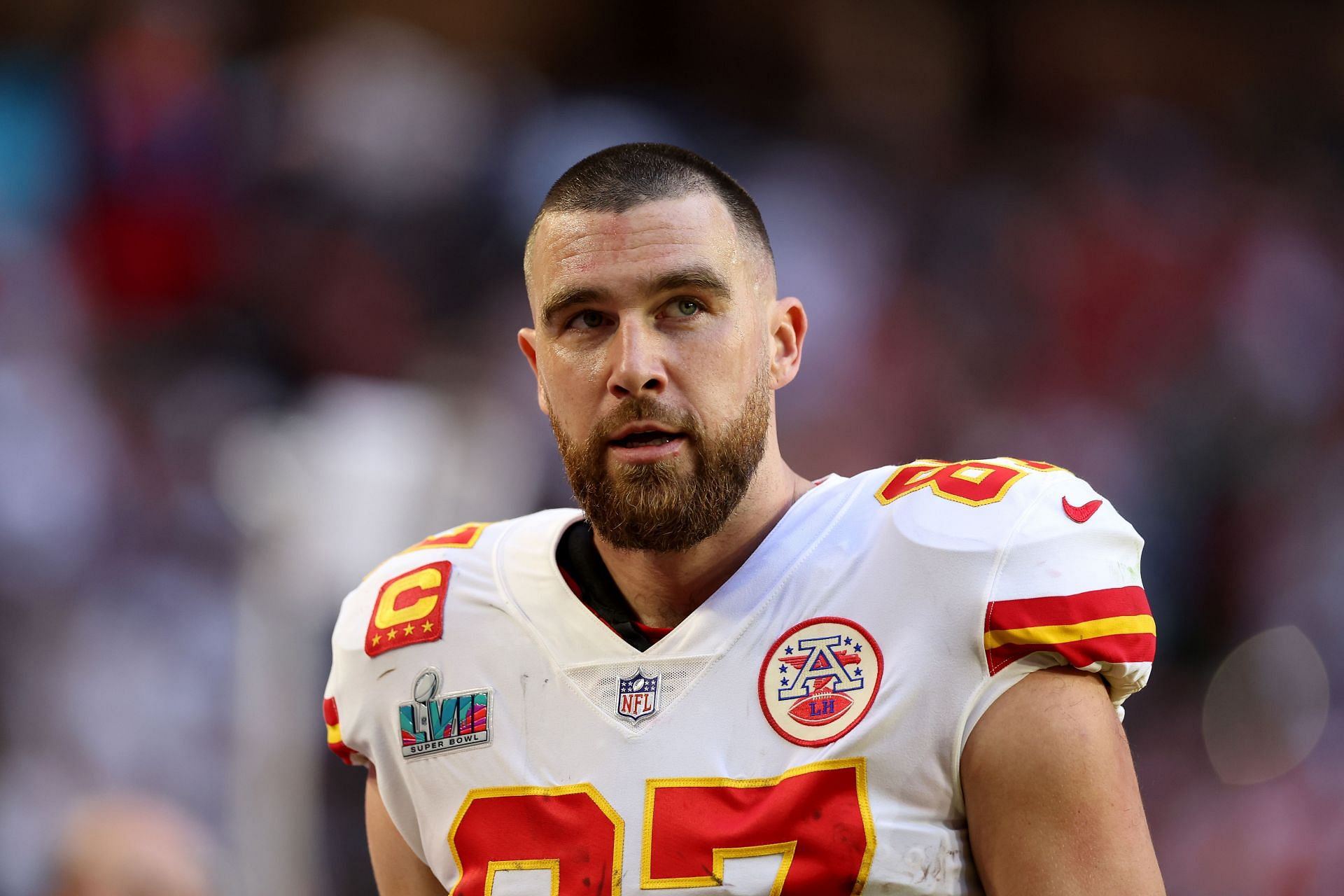 Travis Kelce at Super Bowl LVII - Kansas City Chiefs v Philadelphia Eagles