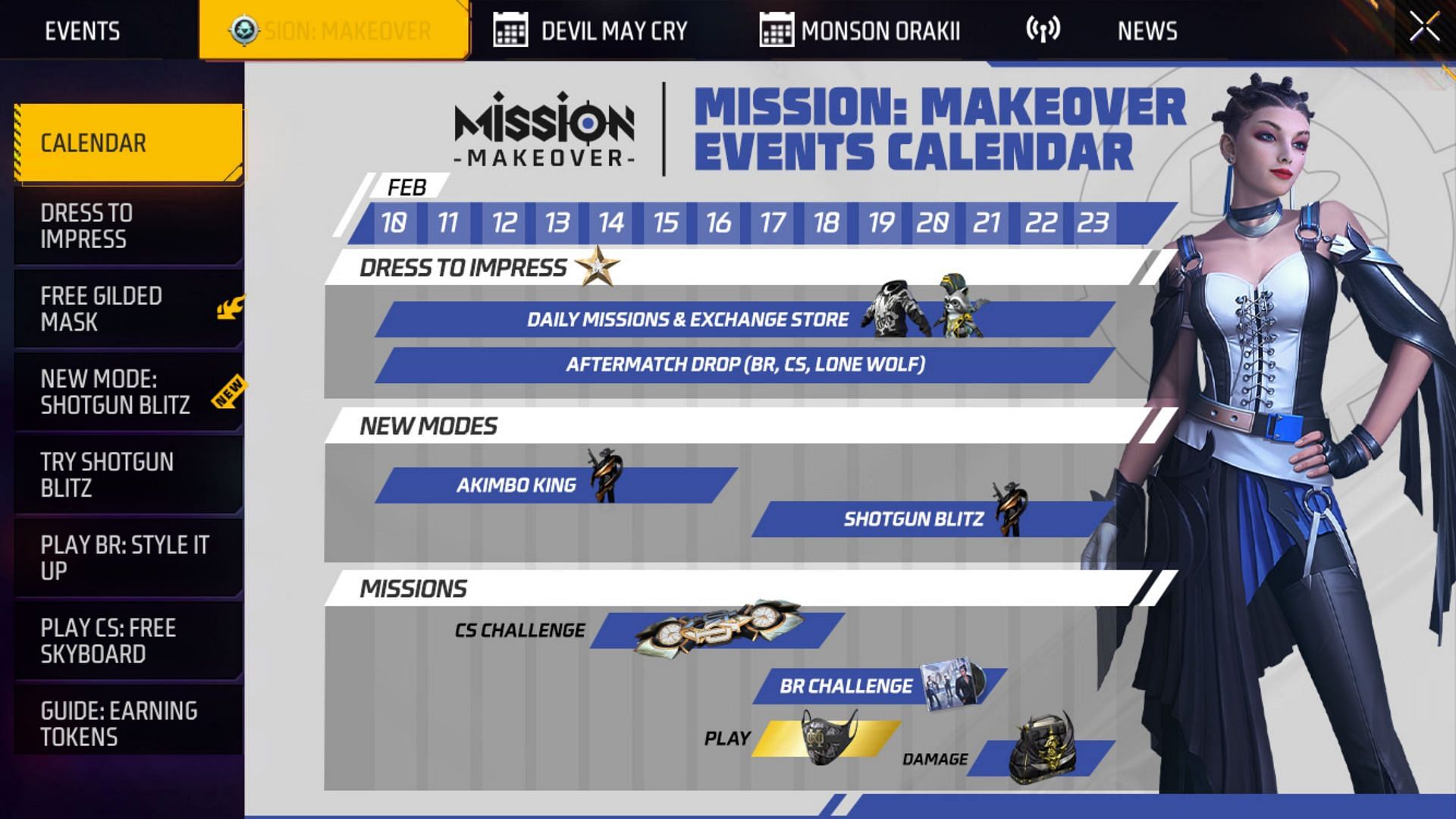 The event calendar for Mission: Makeover event (Image via Garena)