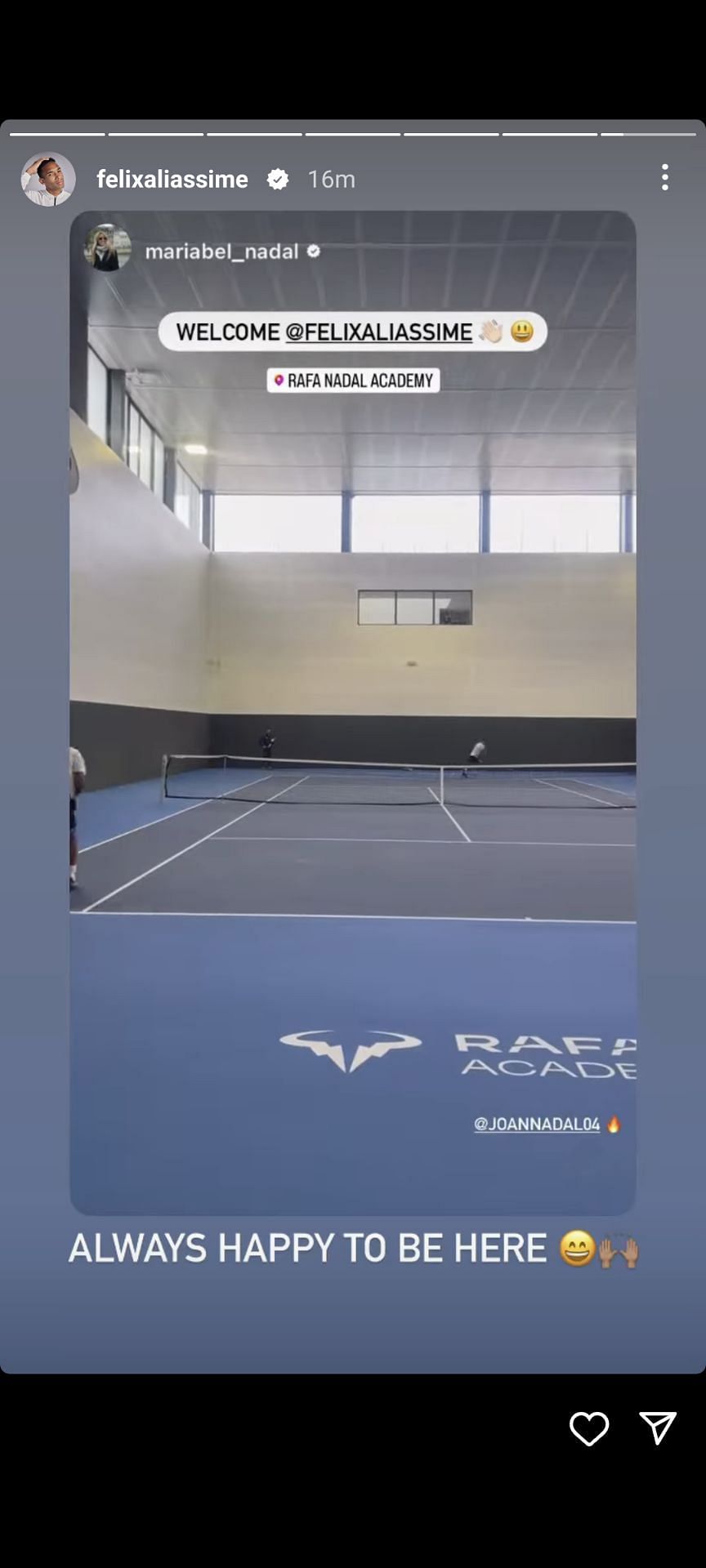 Via Instagram: Aliassime express delight on returing to the academy