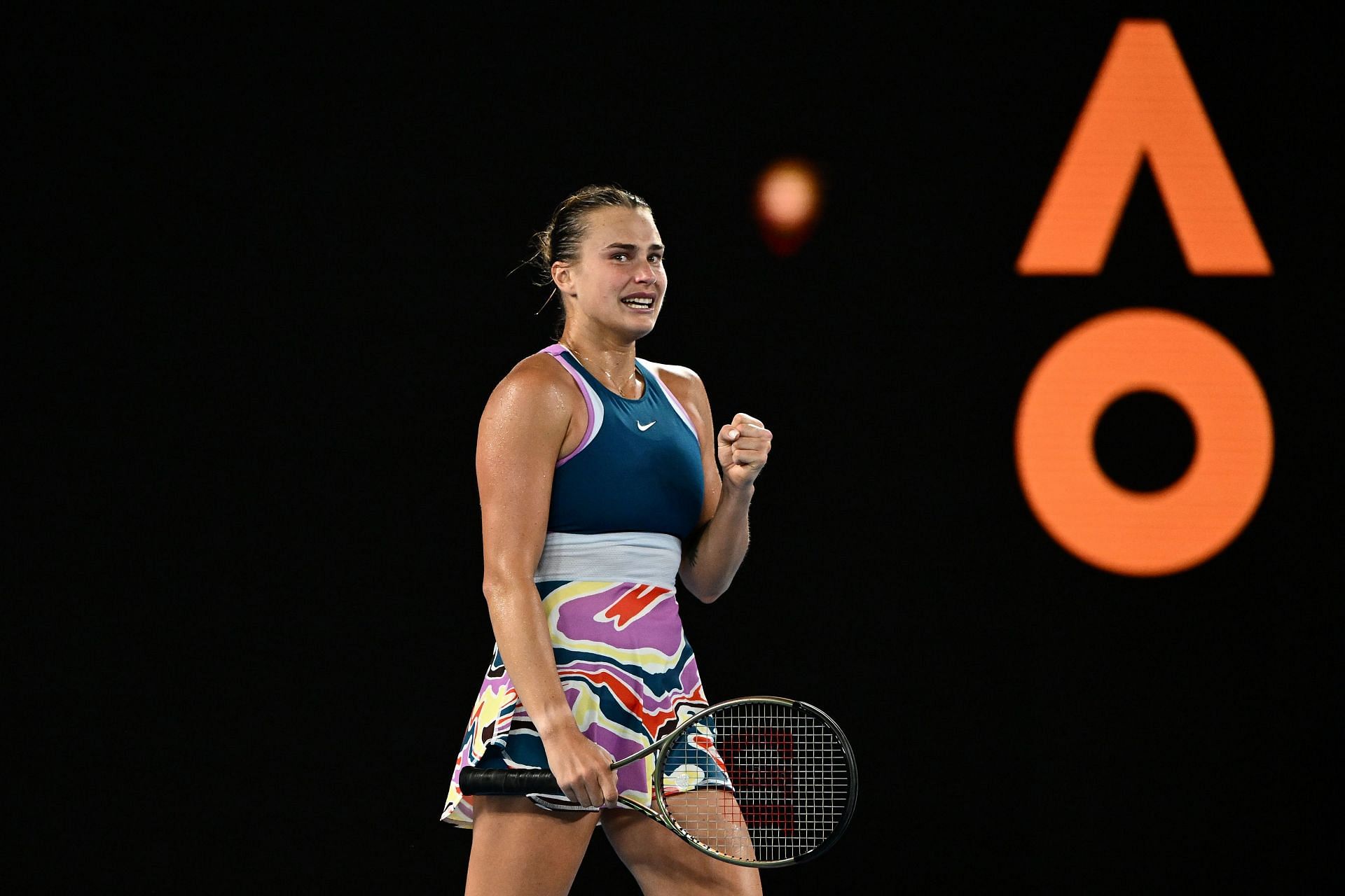 Aryna Sabalenka celebrates during the 2023 Australian Open.