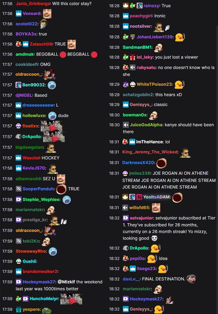 Fans in the Twitch chat reacting to the streamer&#039;s take (Image via Mizkif/Twitch)